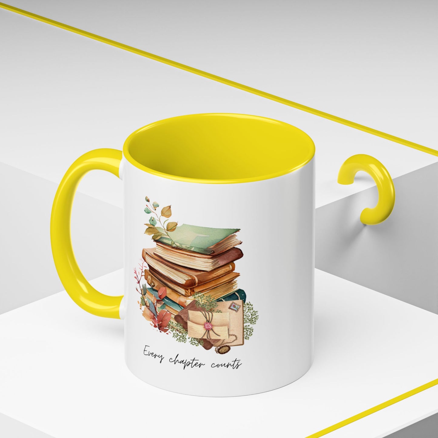"Every Chapter Counts" Coffee Mug - Botanical Accent Black Interior & Handle