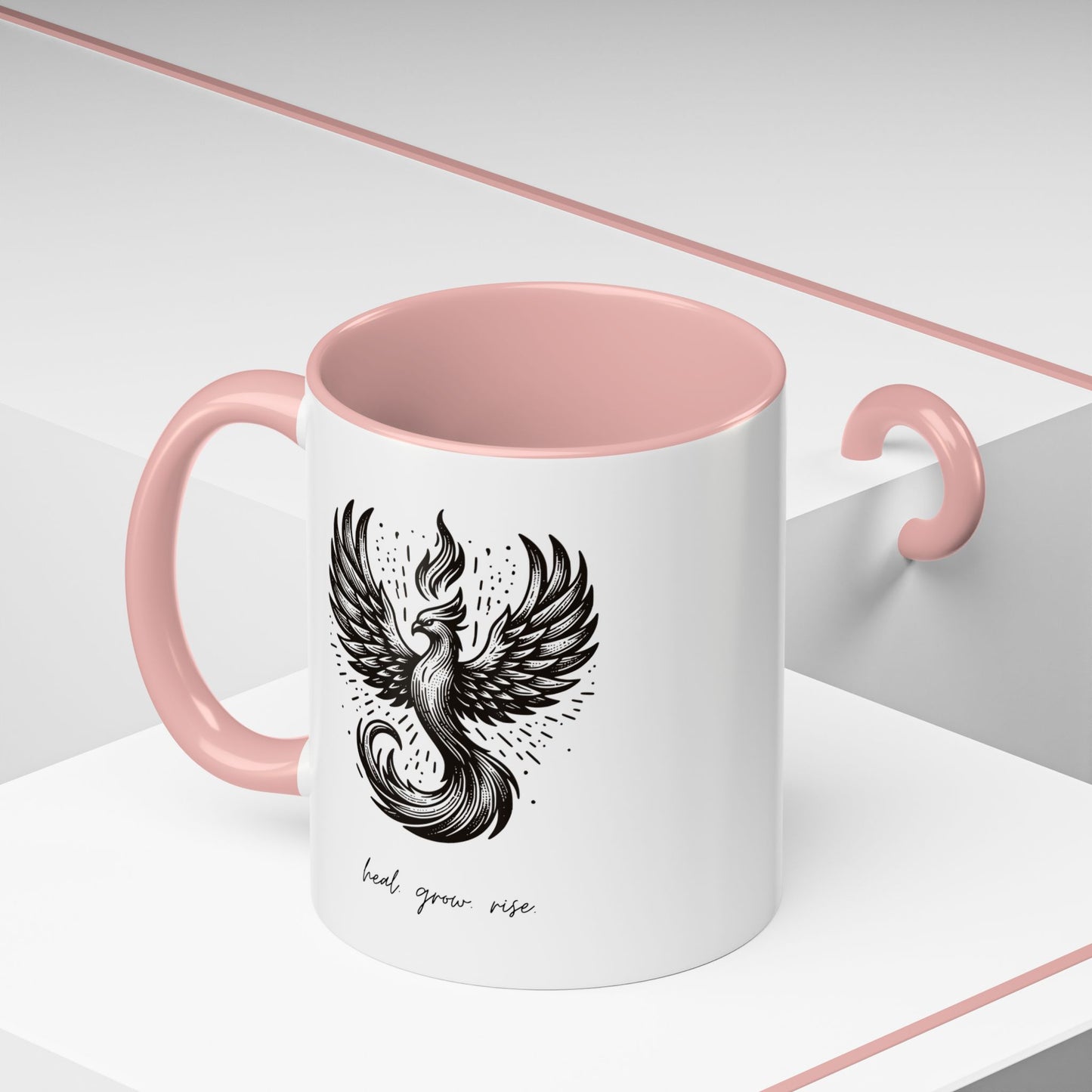 "Heal. Grow. Rise" Black Accent Coffee Mug with Phoenix Design — 11/15oz