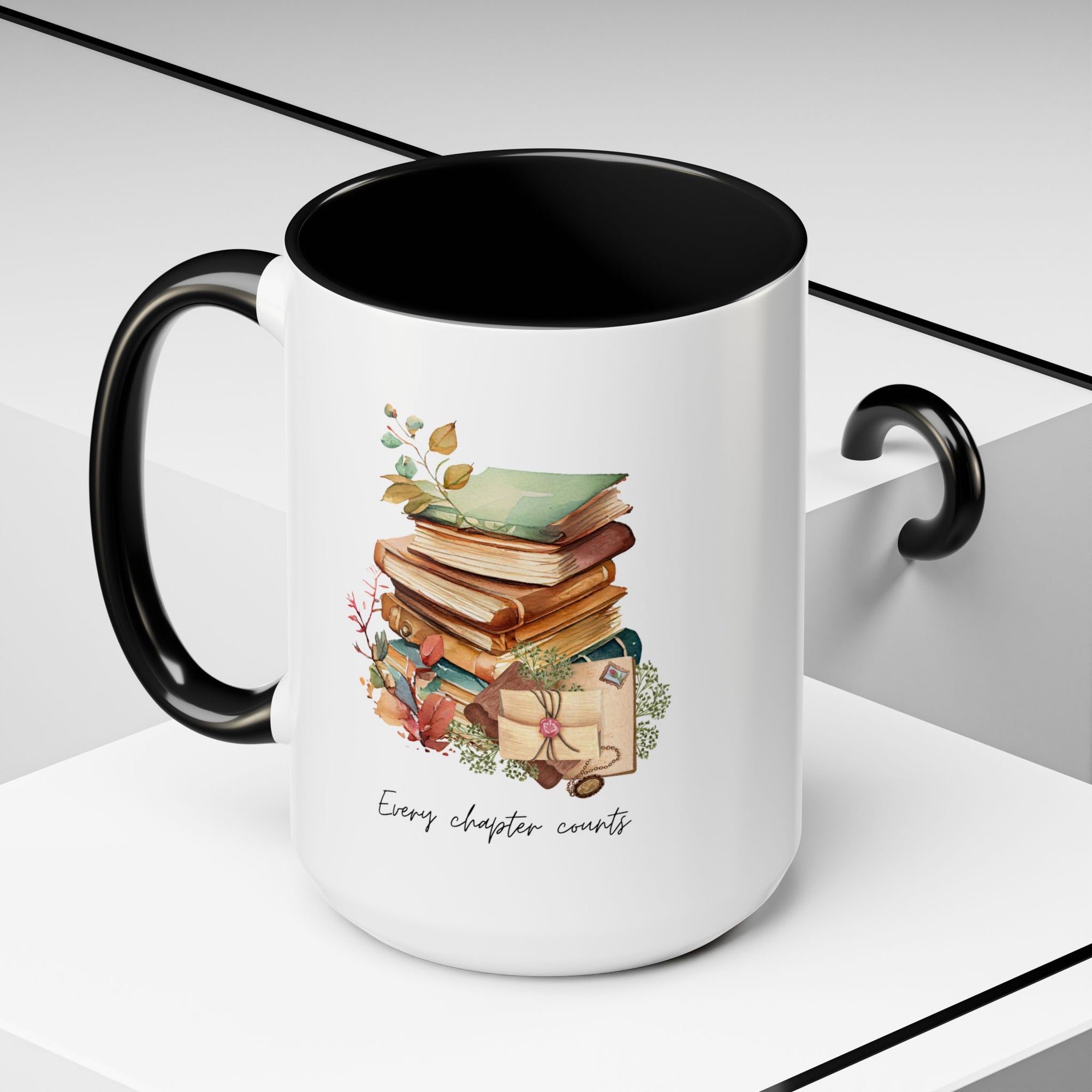 "Every Chapter Counts" Coffee Mug - Botanical Accent Black Interior & Handle
