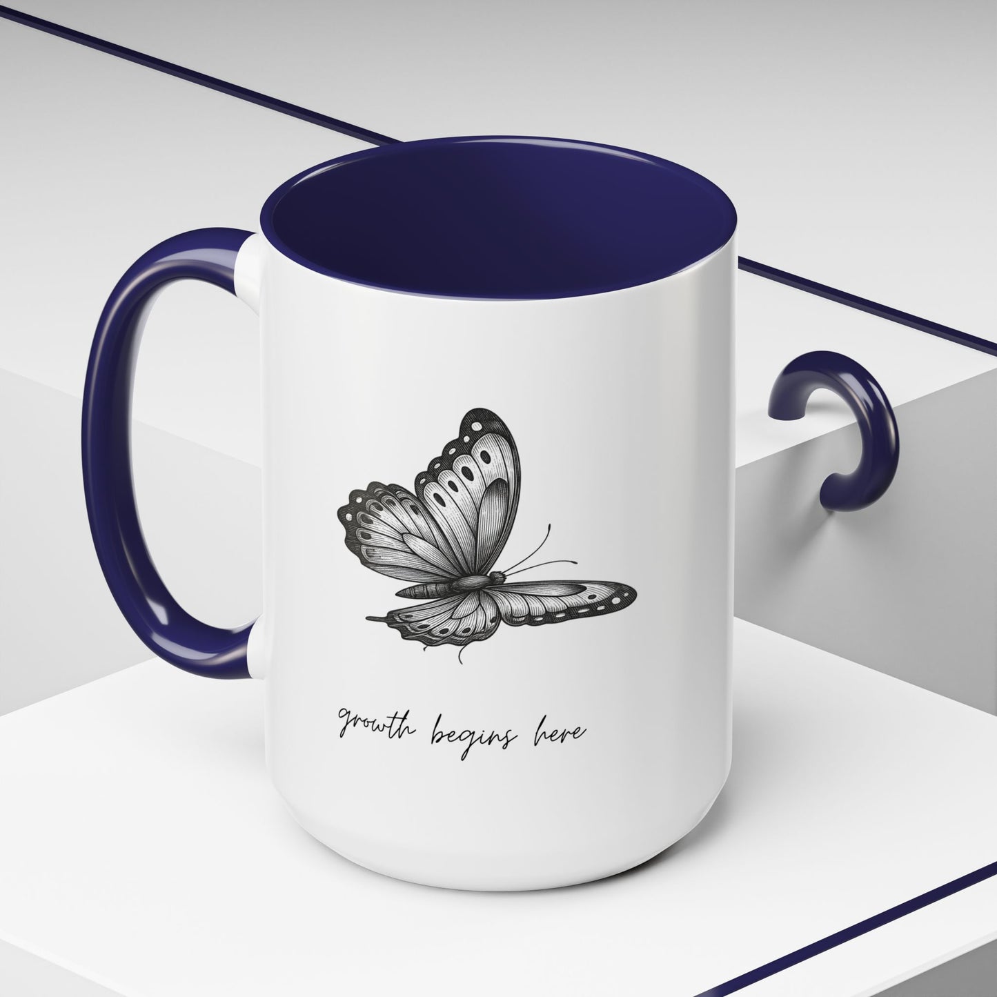 "Growth Begins Here" Coffee Mug — Butterfly Accent Ceramic 11/15oz, Minimal Nature-Inspired Gift