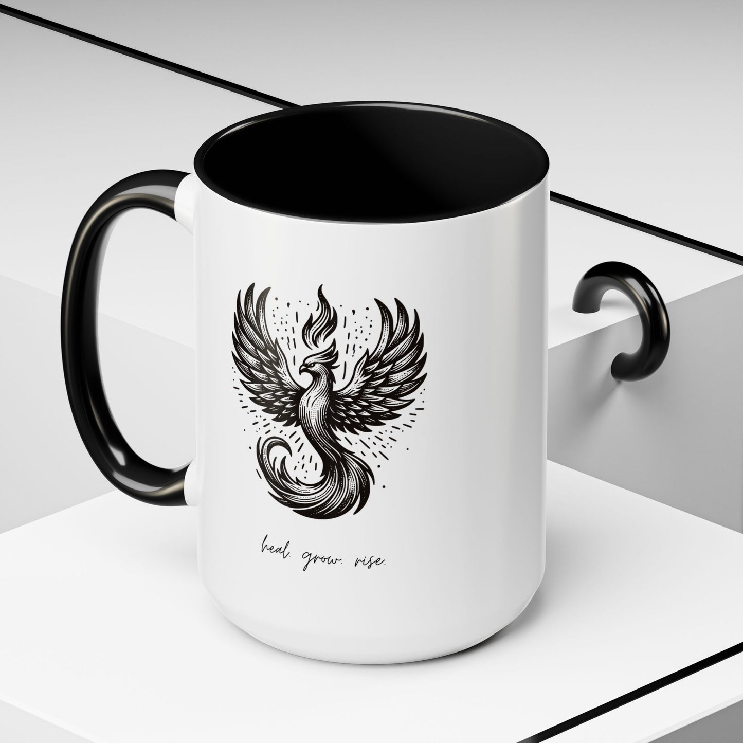 "Heal. Grow. Rise" Black Accent Coffee Mug with Phoenix Design — 11/15oz