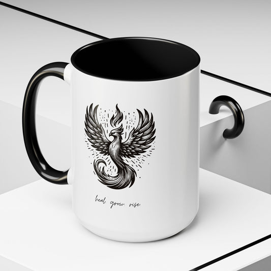 "Heal. Grow. Rise" Black Accent Coffee Mug with Phoenix Design — 11/15oz