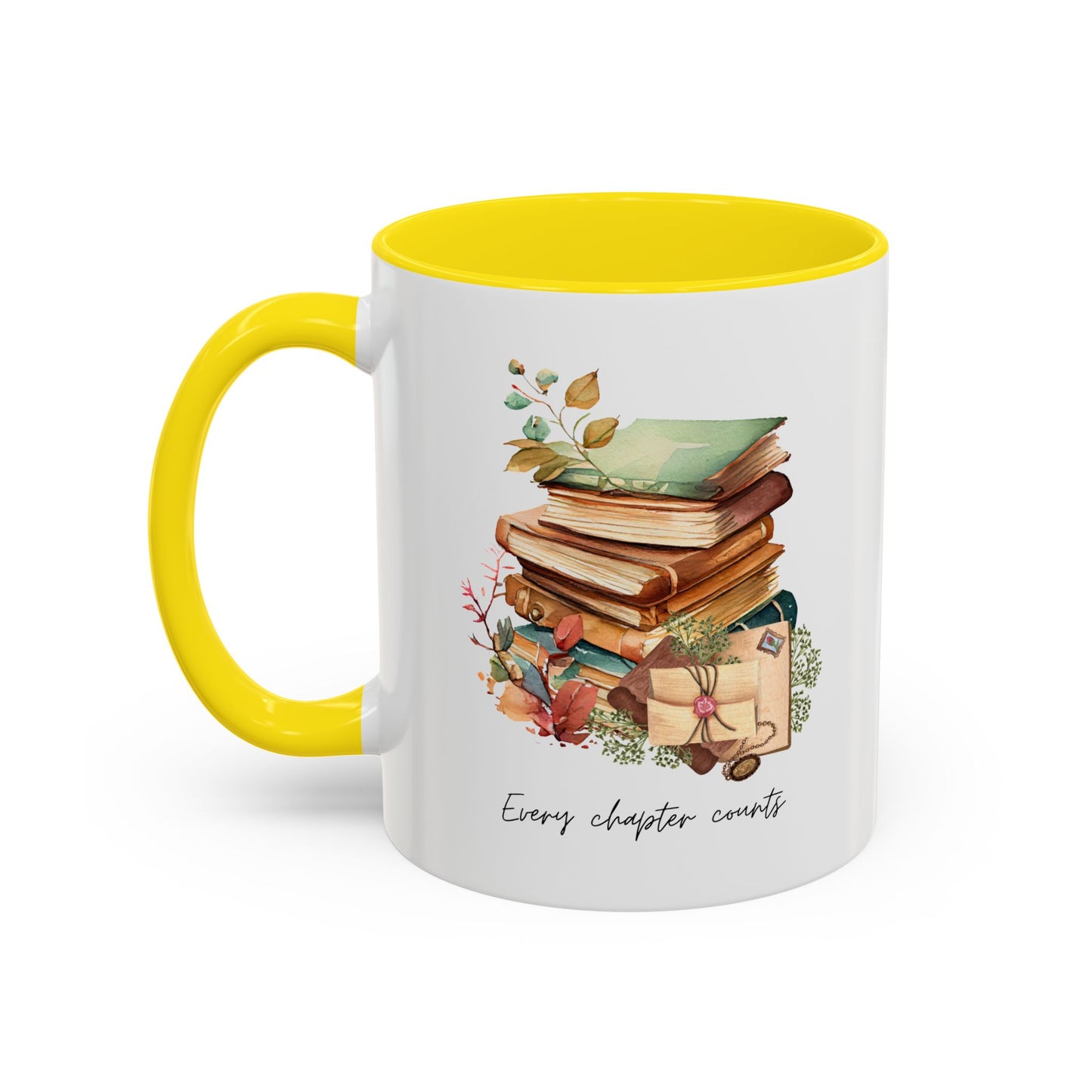 "Every Chapter Counts" Coffee Mug - Botanical Accent Black Interior & Handle