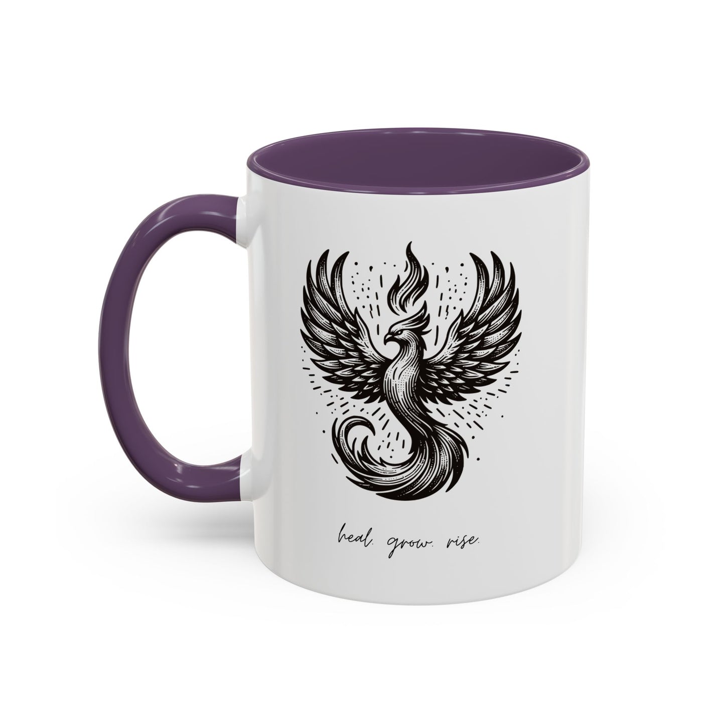 "Heal. Grow. Rise" Black Accent Coffee Mug with Phoenix Design — 11/15oz