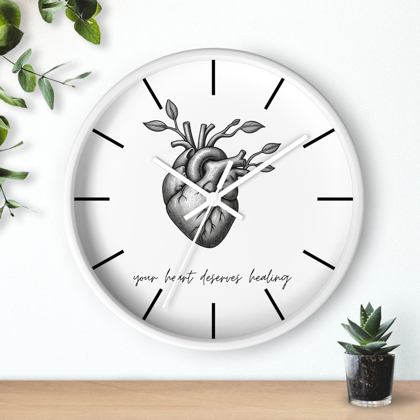 Healing Heart Wall Clock — Botanical Anatomical Clock with “your heart deserves healing” Quote