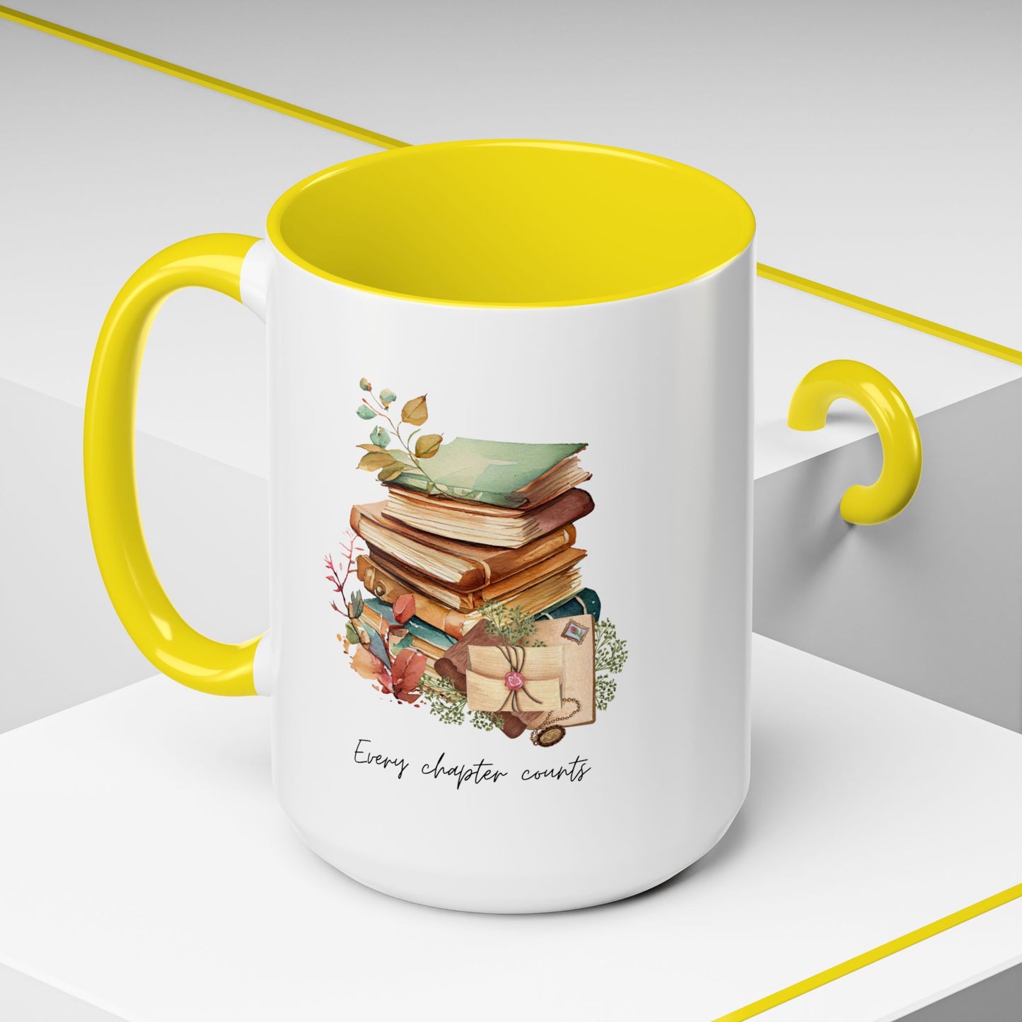 "Every Chapter Counts" Coffee Mug - Botanical Accent Black Interior & Handle
