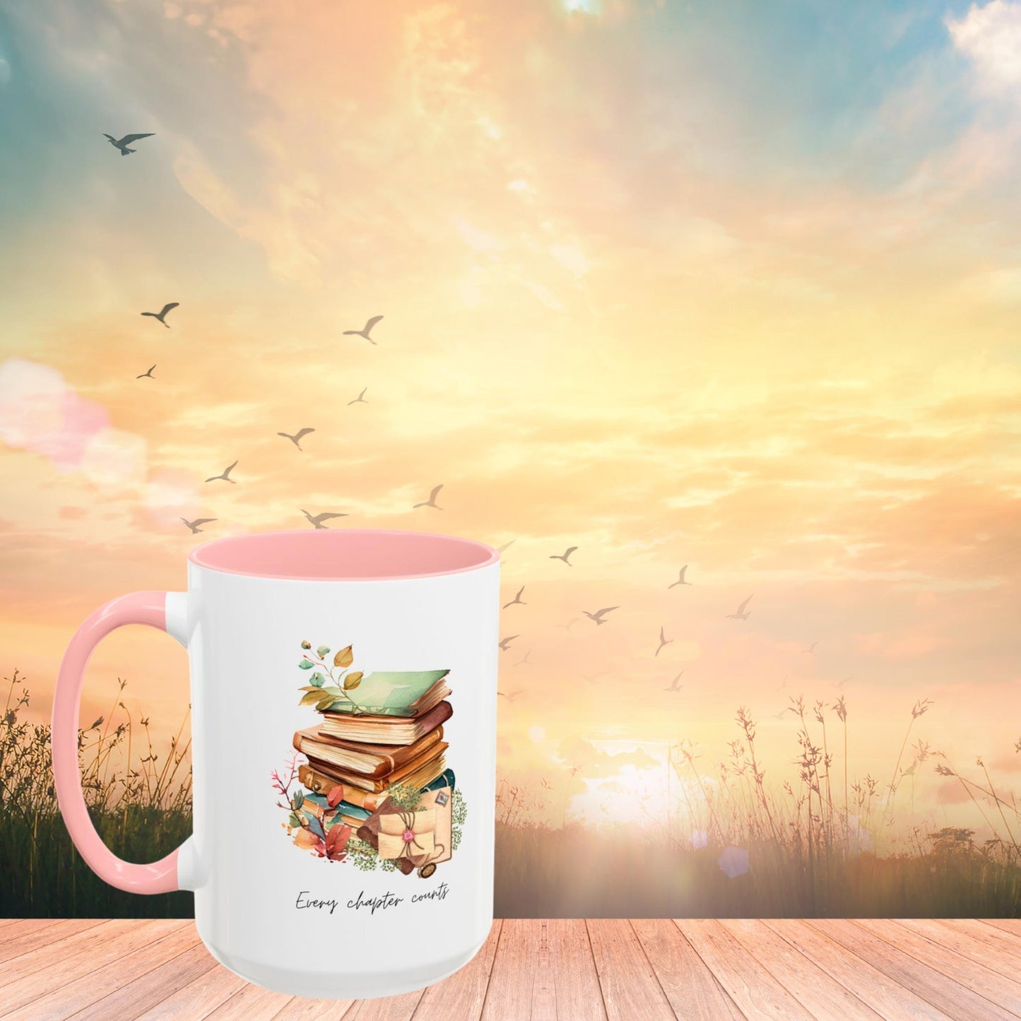 "Every Chapter Counts" Coffee Mug - Botanical Accent Black Interior & Handle