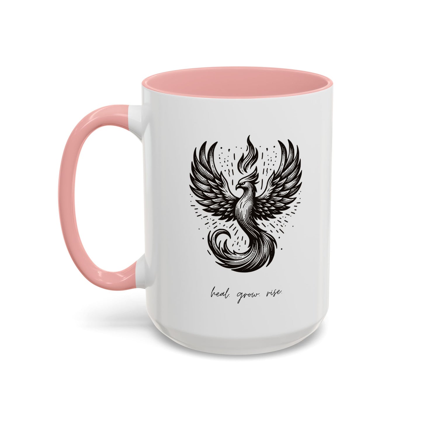 "Heal. Grow. Rise" Black Accent Coffee Mug with Phoenix Design — 11/15oz