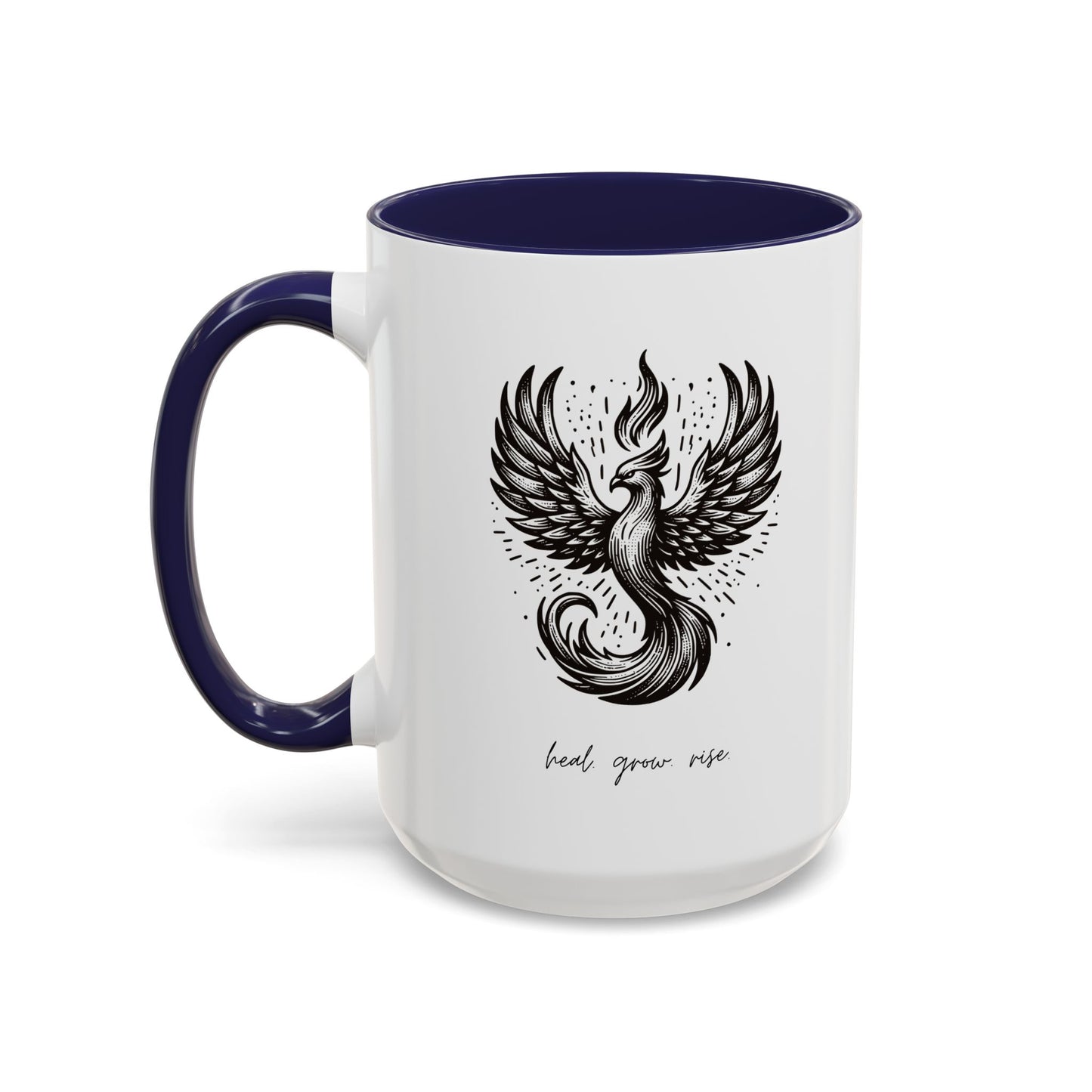 "Heal. Grow. Rise" Black Accent Coffee Mug with Phoenix Design — 11/15oz