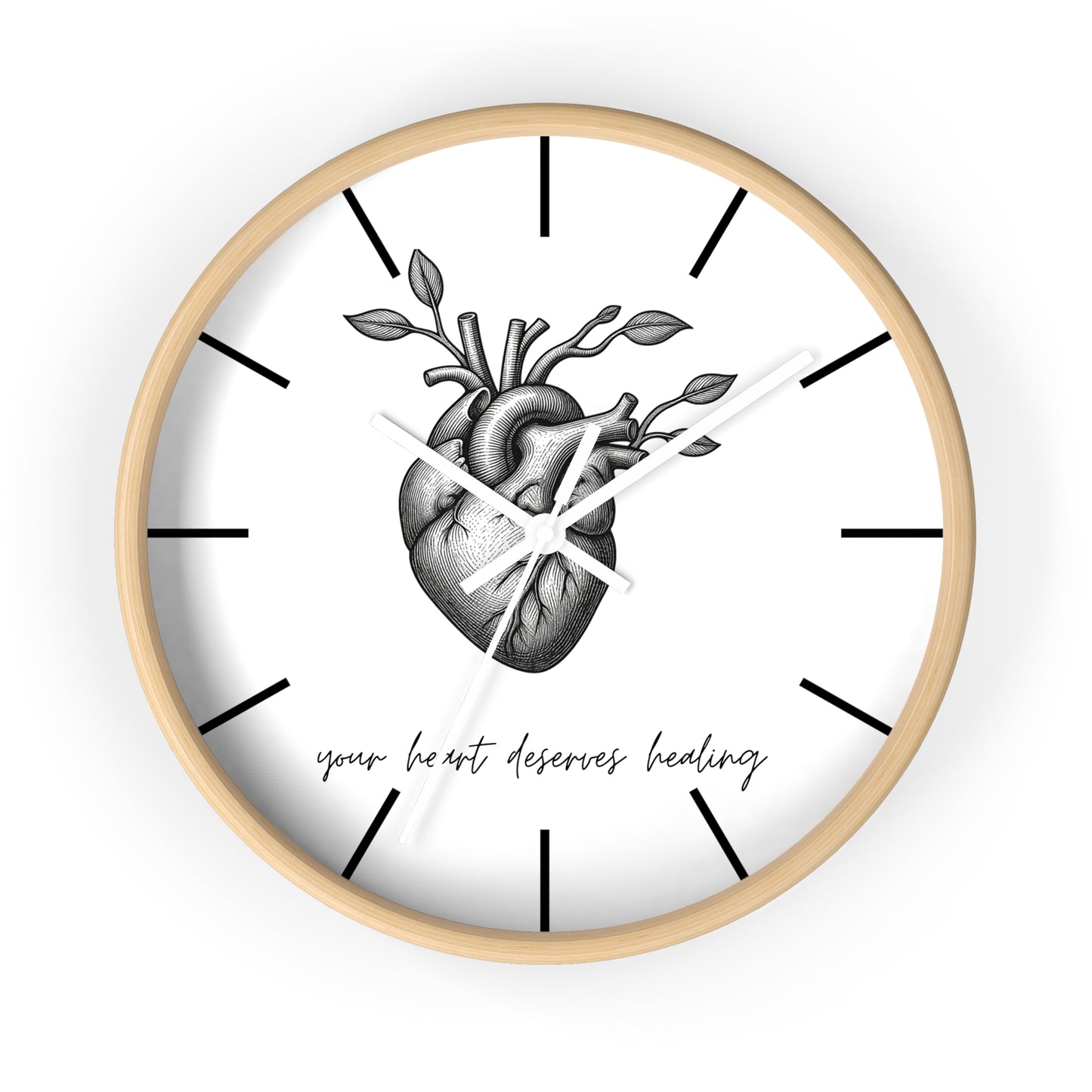 Healing Heart Wall Clock — Botanical Anatomical Clock with “your heart deserves healing” Quote