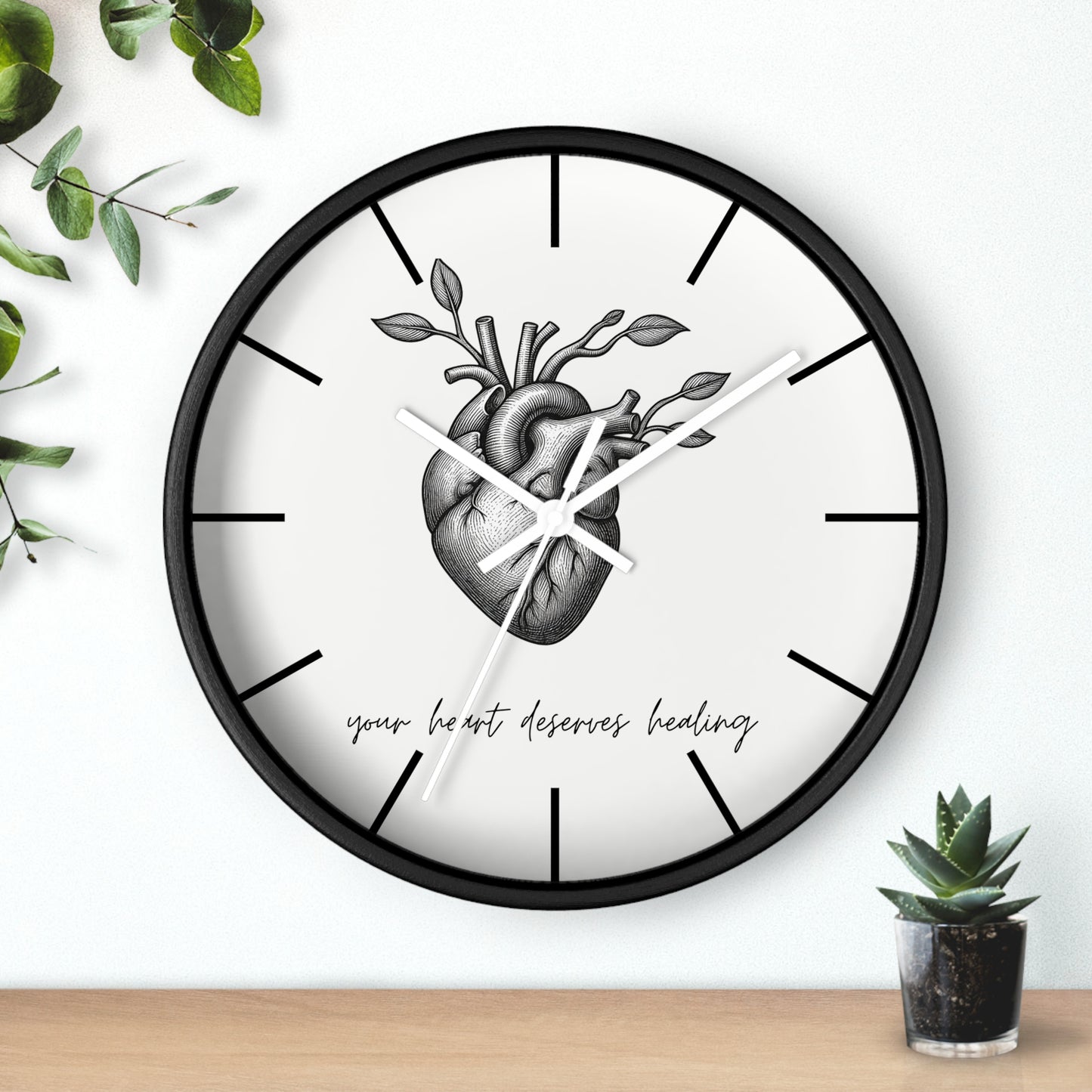 Healing Heart Wall Clock — Botanical Anatomical Clock with “your heart deserves healing” Quote