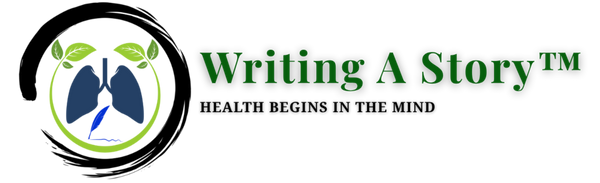 A logo on a white background with the text 'Writing A Story™' in green and 'HEALTH BEGINS IN THE MIND' below it. The circular emblem shows blue lungs with green leaves and a black brushstroke border.