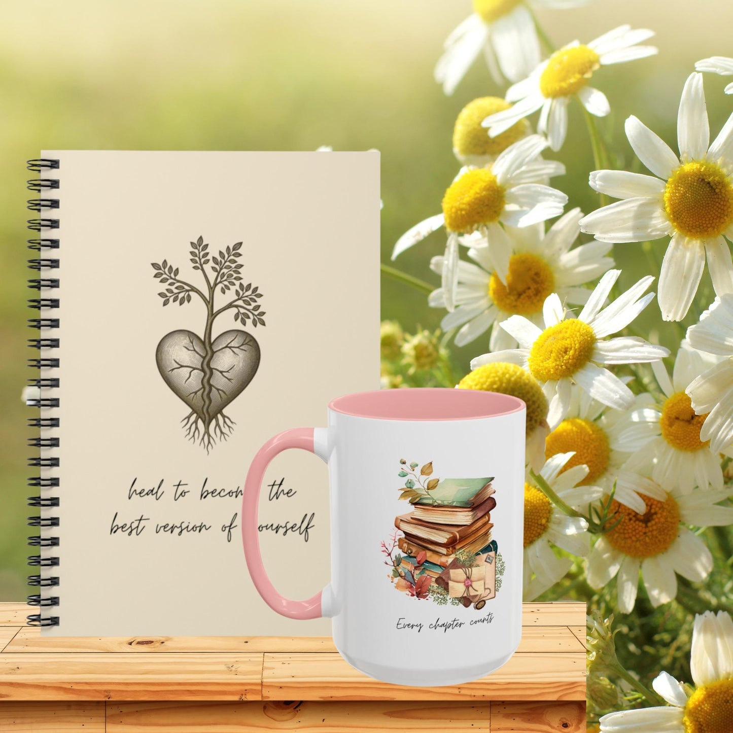 "Every Chapter Counts" Coffee Mug - Botanical Accent Black Interior & Handle