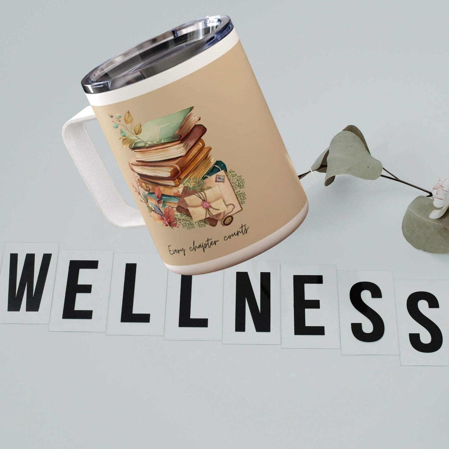 Cozy Booklover 10oz Insulated Coffee Mug — Vintage Stacked Books & Floral Design