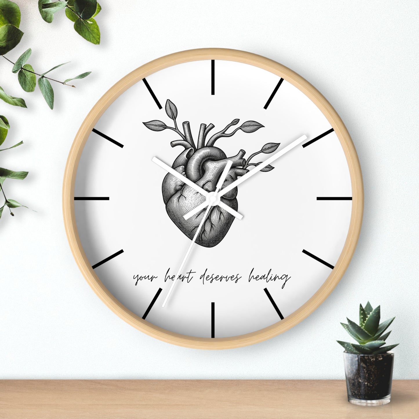 Healing Heart Wall Clock — Botanical Anatomical Clock with “your heart deserves healing” Quote