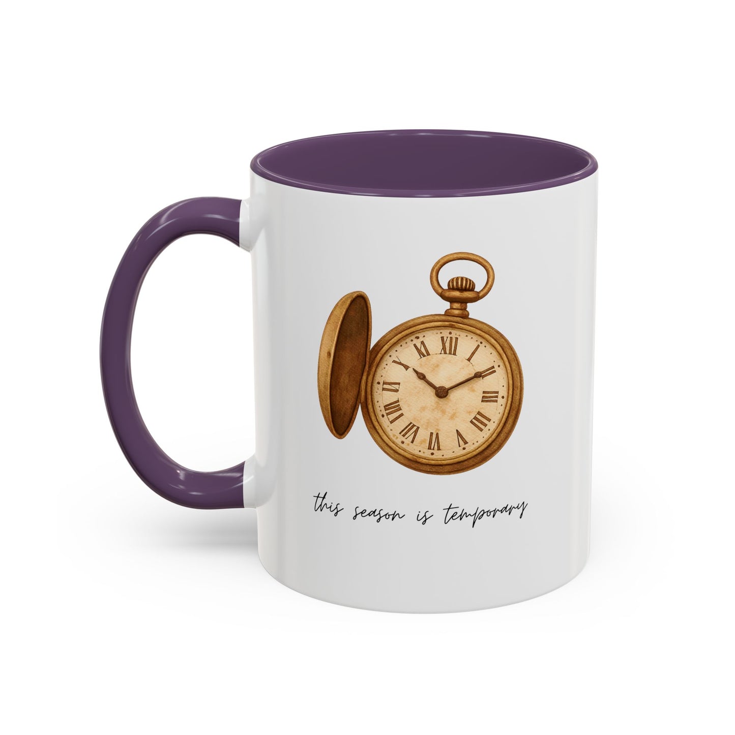 A white ceramic mug with a dark purple handle and interior, featuring a vintage-style illustration of an open gold pocket watch with Roman numerals and the text 'this season is temporary' in black script.