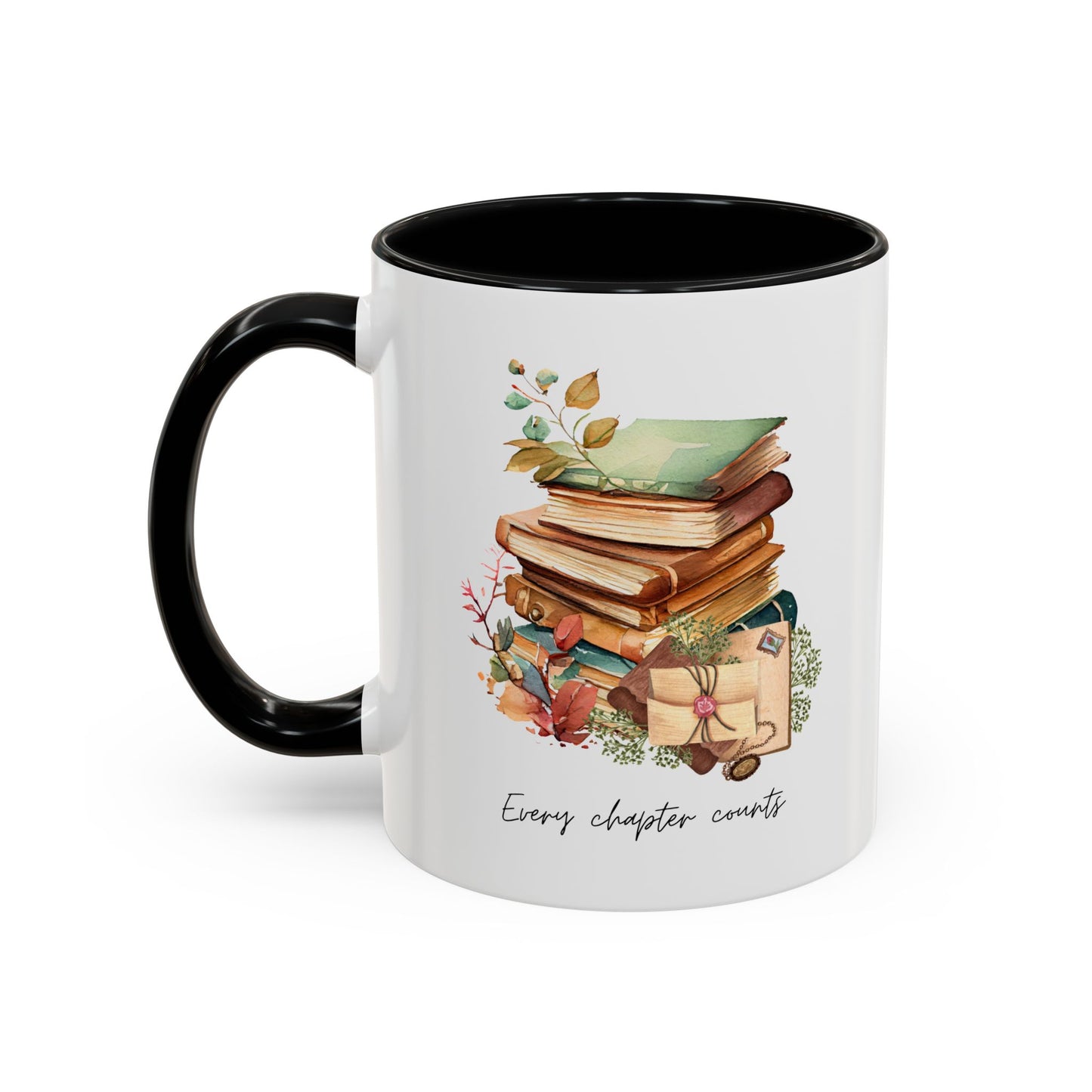 "Every Chapter Counts" Coffee Mug - Botanical Accent Black Interior & Handle