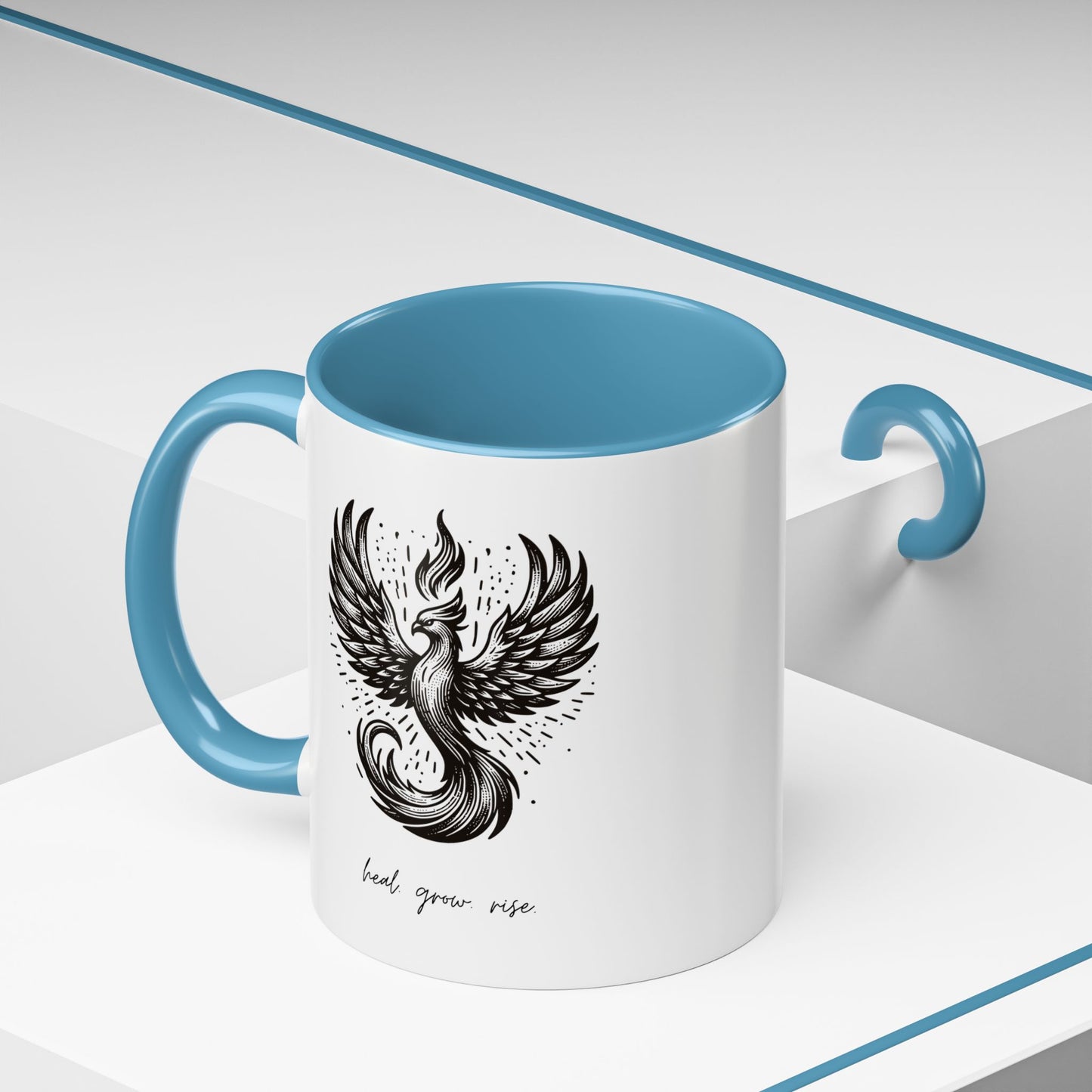 "Heal. Grow. Rise" Black Accent Coffee Mug with Phoenix Design — 11/15oz