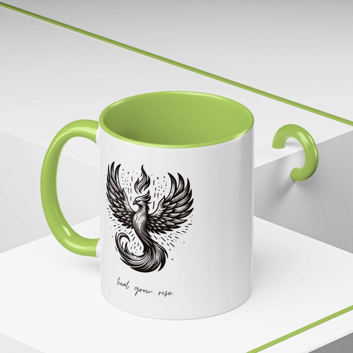 "Heal. Grow. Rise" Black Accent Coffee Mug with Phoenix Design — 11/15oz
