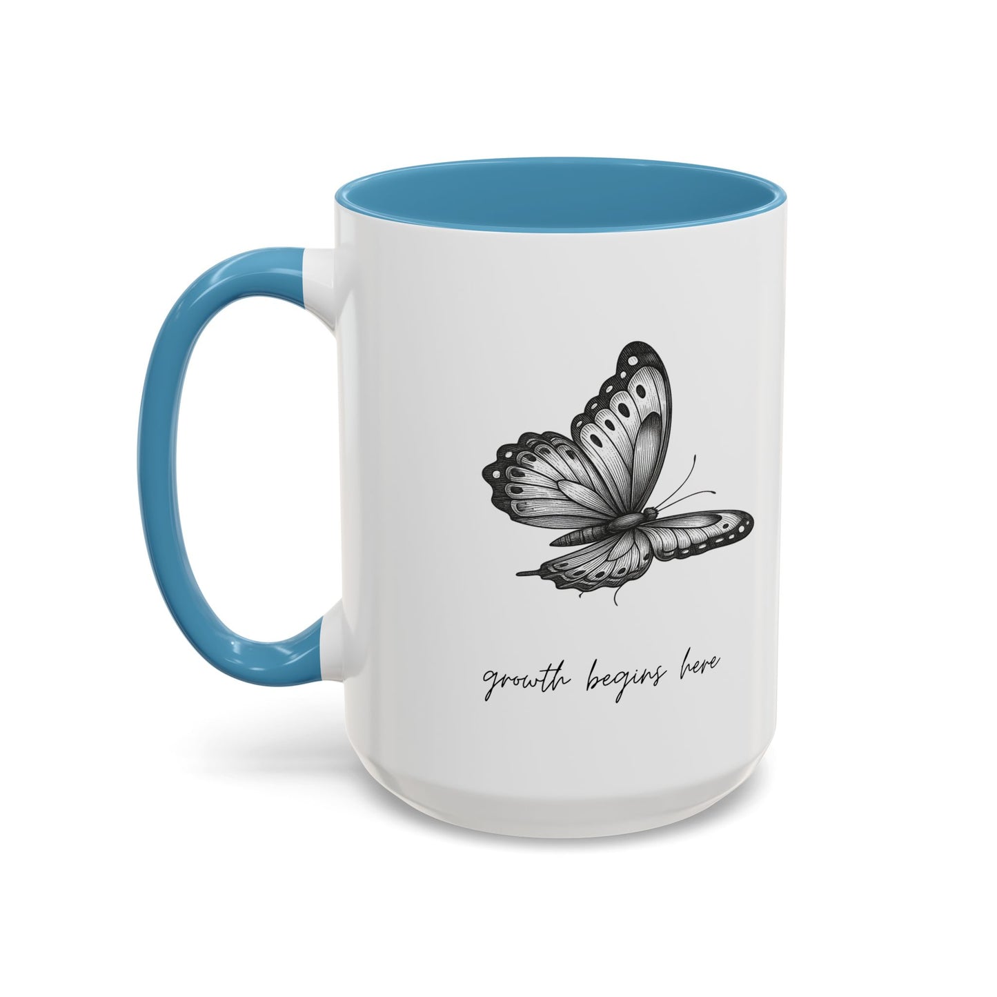 "Growth Begins Here" Coffee Mug — Butterfly Accent Ceramic 11/15oz, Minimal Nature-Inspired Gift