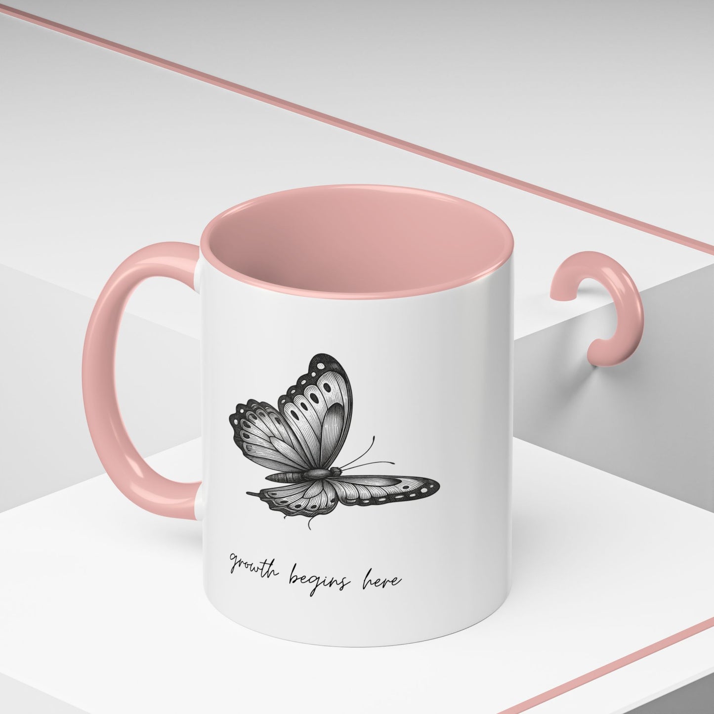 "Growth Begins Here" Coffee Mug — Butterfly Accent Ceramic 11/15oz, Minimal Nature-Inspired Gift
