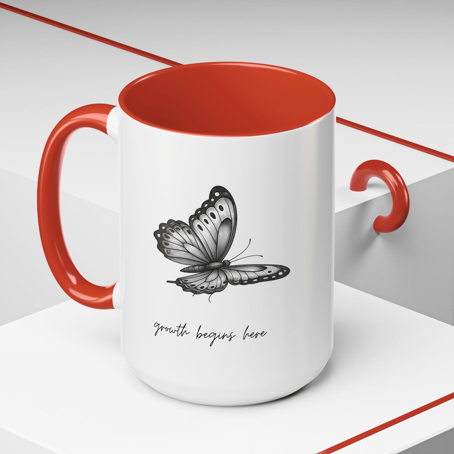 "Growth Begins Here" Coffee Mug — Butterfly Accent Ceramic 11/15oz, Minimal Nature-Inspired Gift