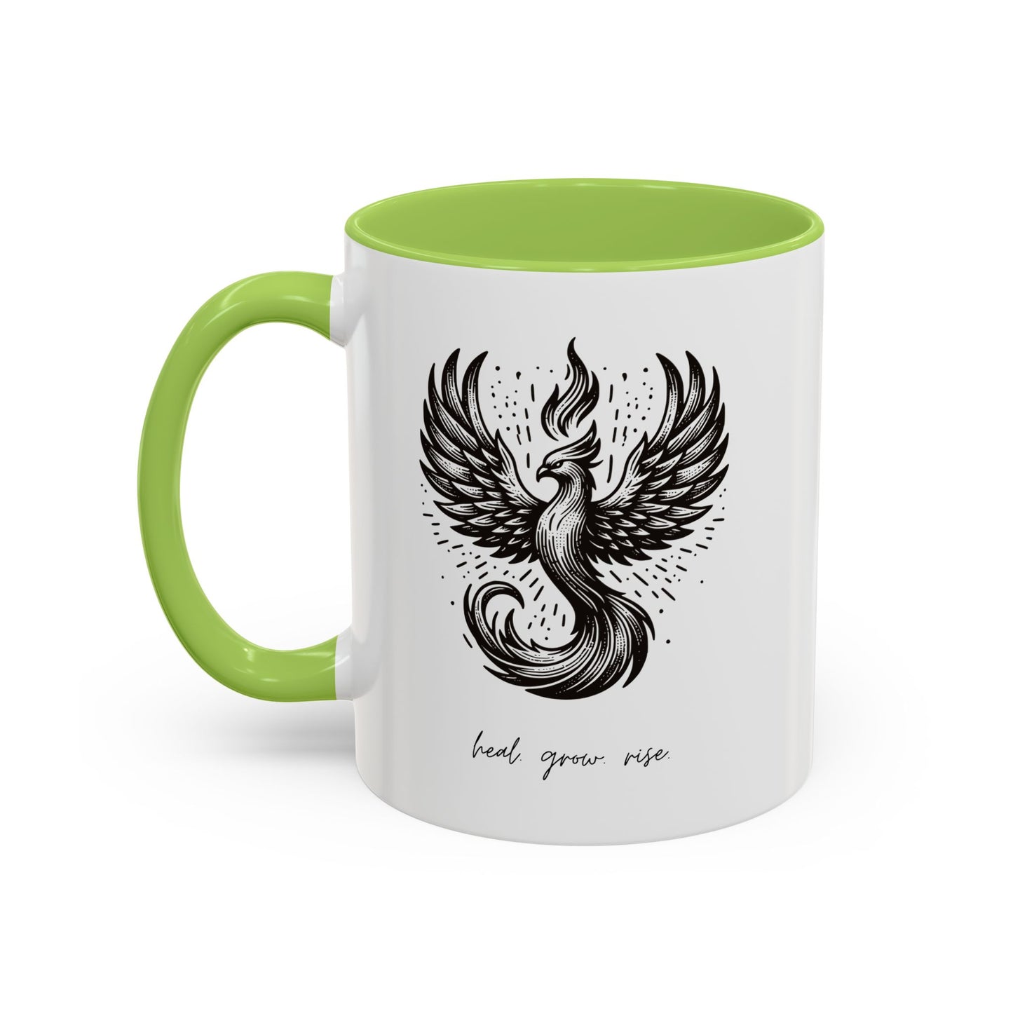 "Heal. Grow. Rise" Black Accent Coffee Mug with Phoenix Design — 11/15oz