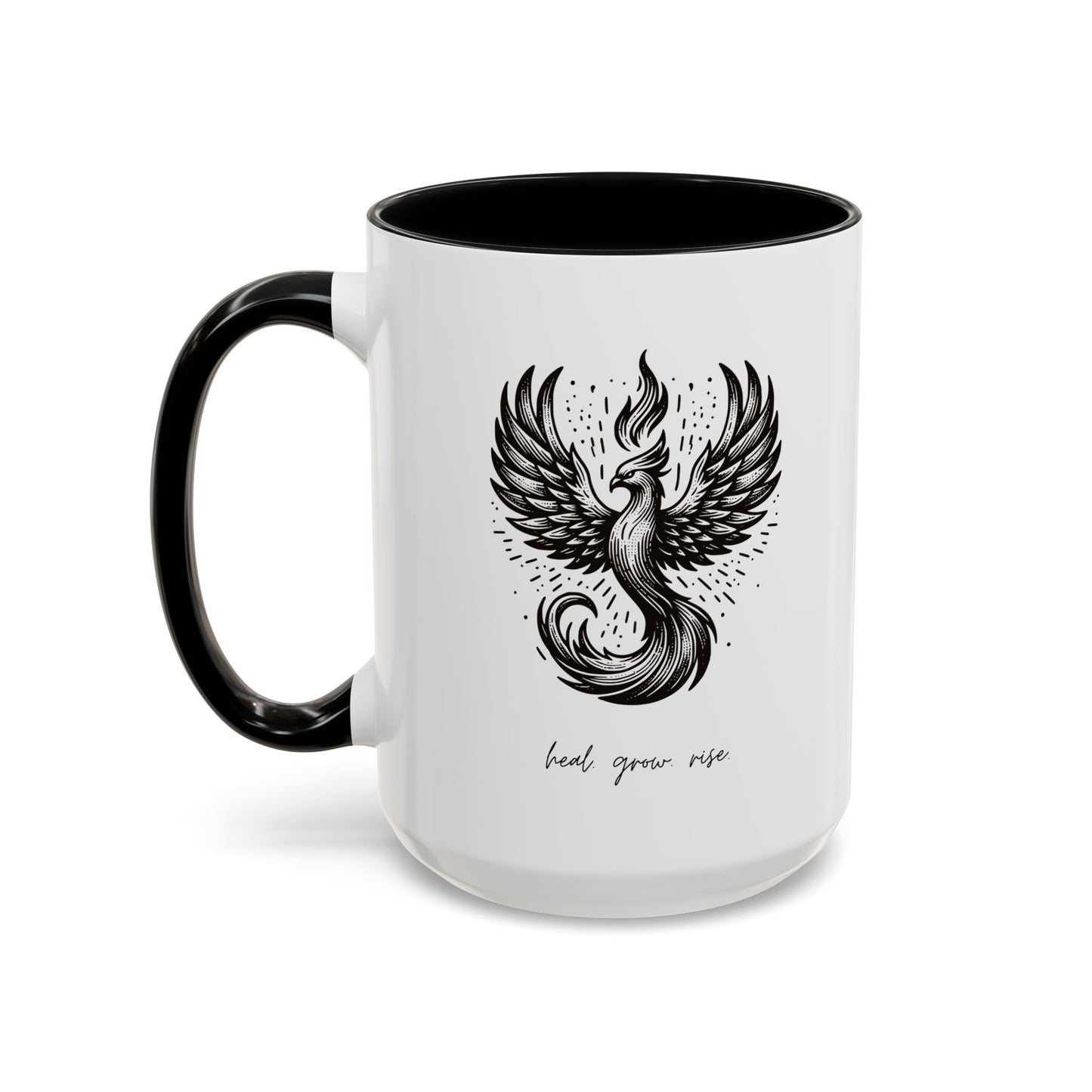 "Heal. Grow. Rise" Black Accent Coffee Mug with Phoenix Design — 11/15oz