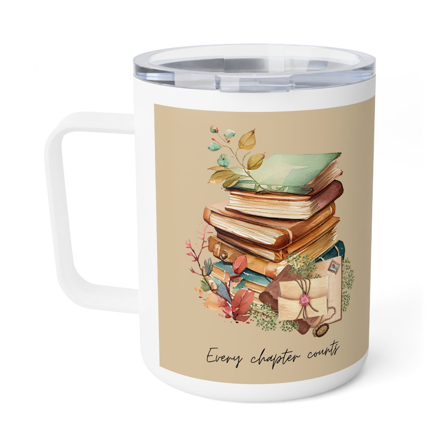 Cozy Booklover 10oz Insulated Coffee Mug — Vintage Stacked Books & Floral Design