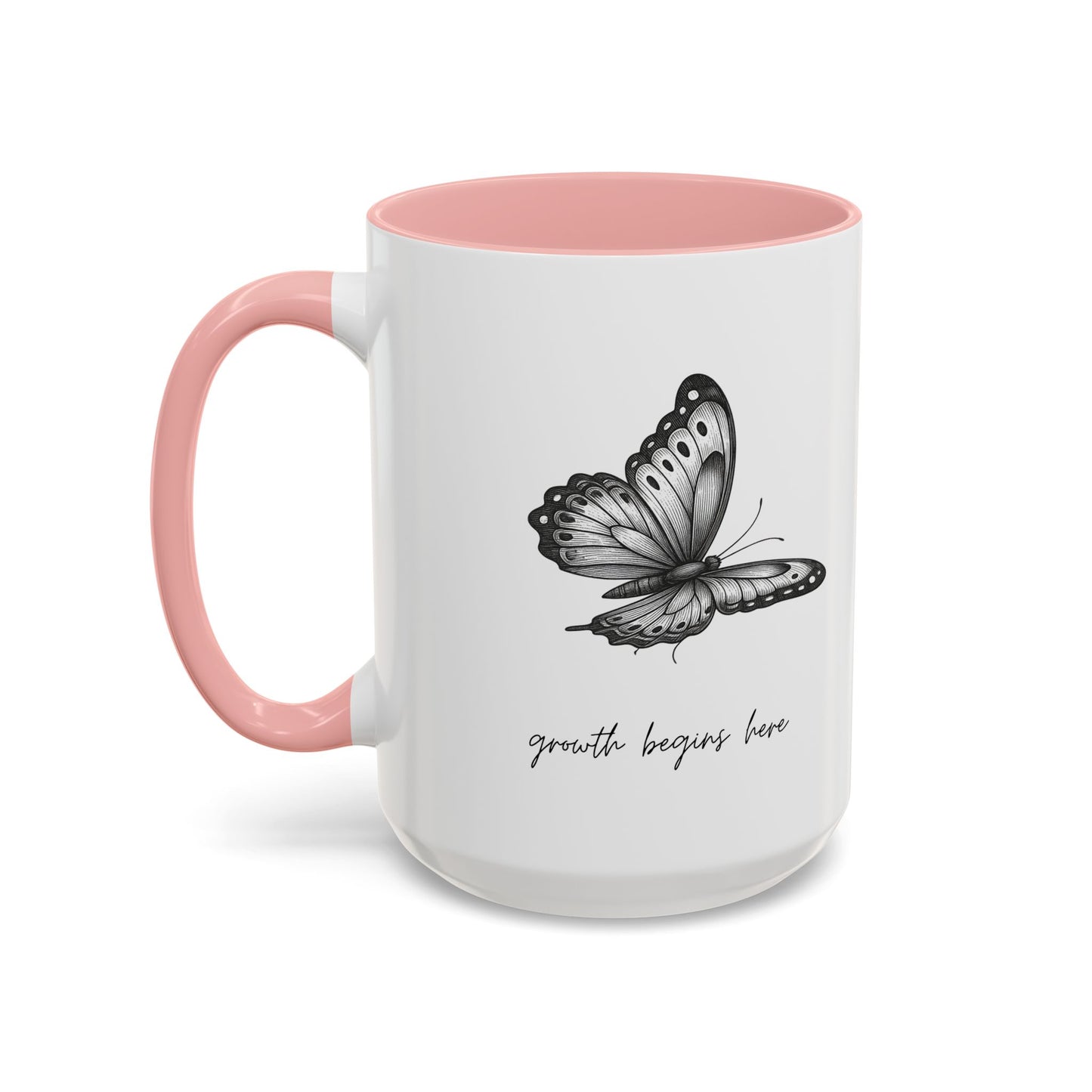 "Growth Begins Here" Coffee Mug — Butterfly Accent Ceramic 11/15oz, Minimal Nature-Inspired Gift