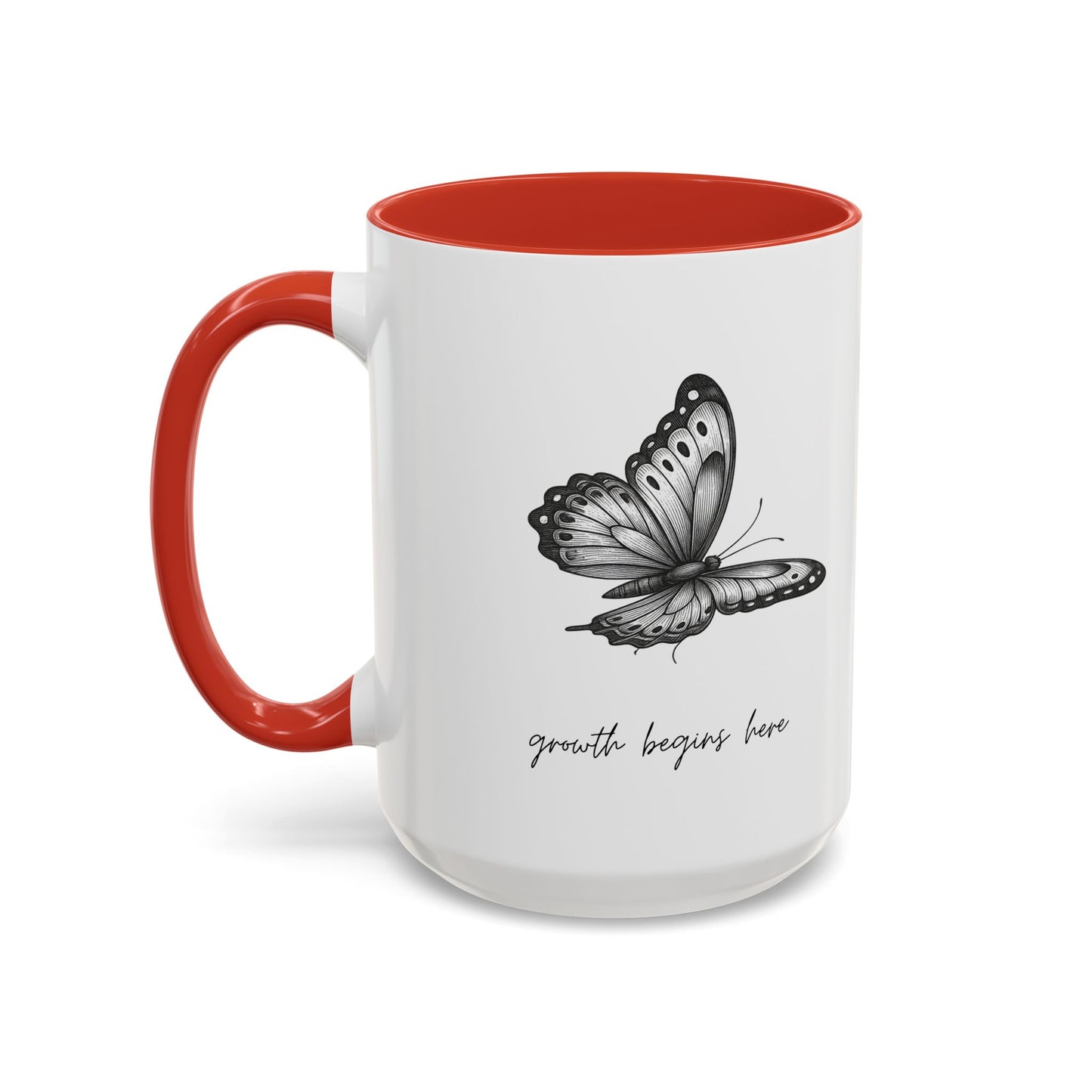 "Growth Begins Here" Coffee Mug — Butterfly Accent Ceramic 11/15oz, Minimal Nature-Inspired Gift