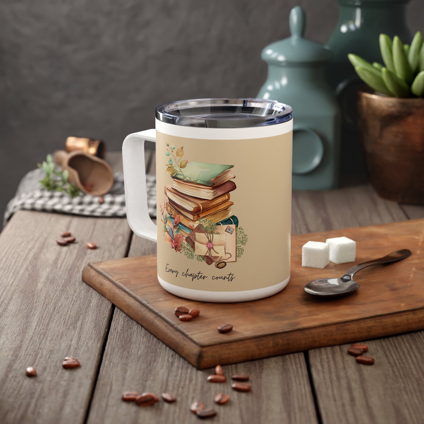 Cozy Booklover 10oz Insulated Coffee Mug — Vintage Stacked Books & Floral Design