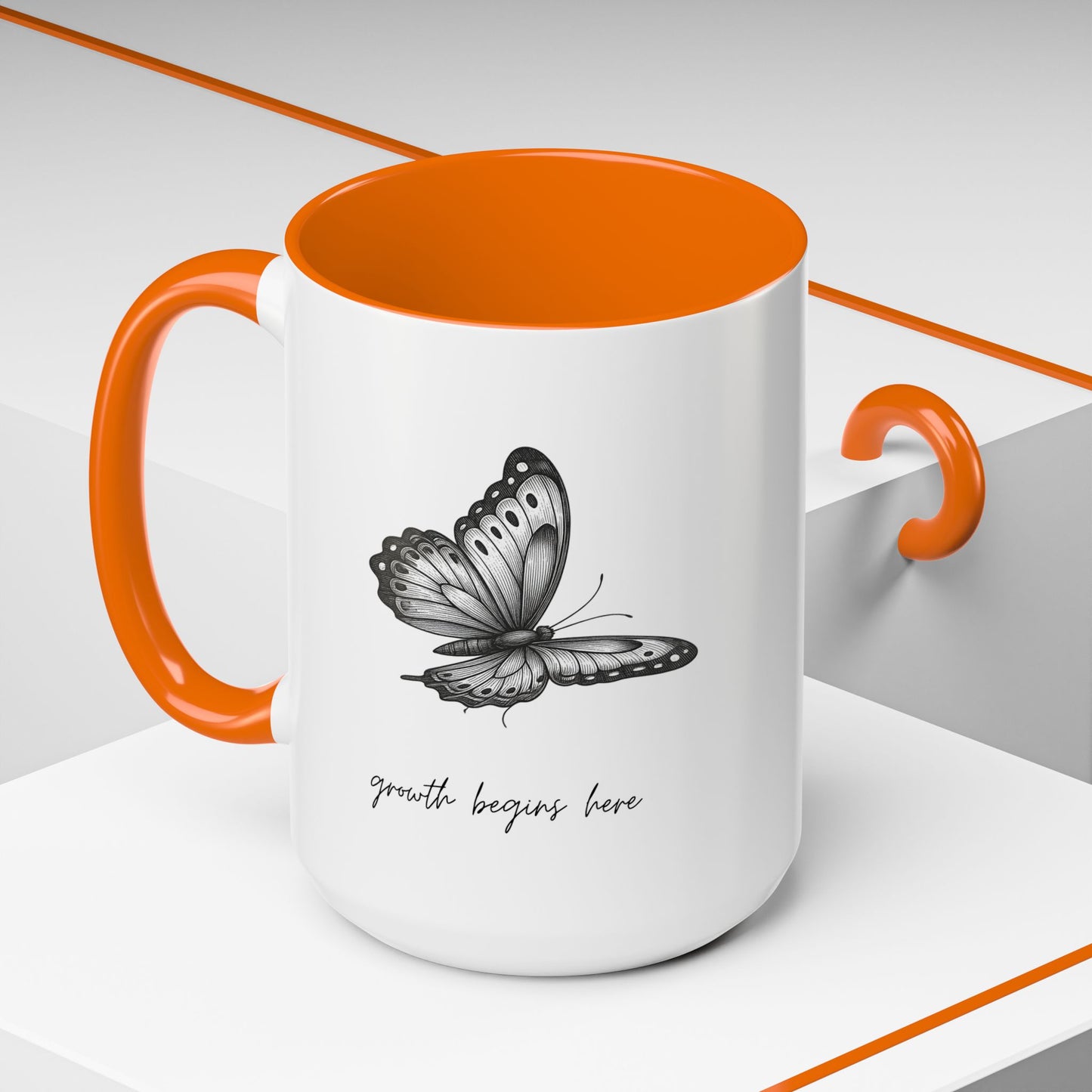 "Growth Begins Here" Coffee Mug — Butterfly Accent Ceramic 11/15oz, Minimal Nature-Inspired Gift