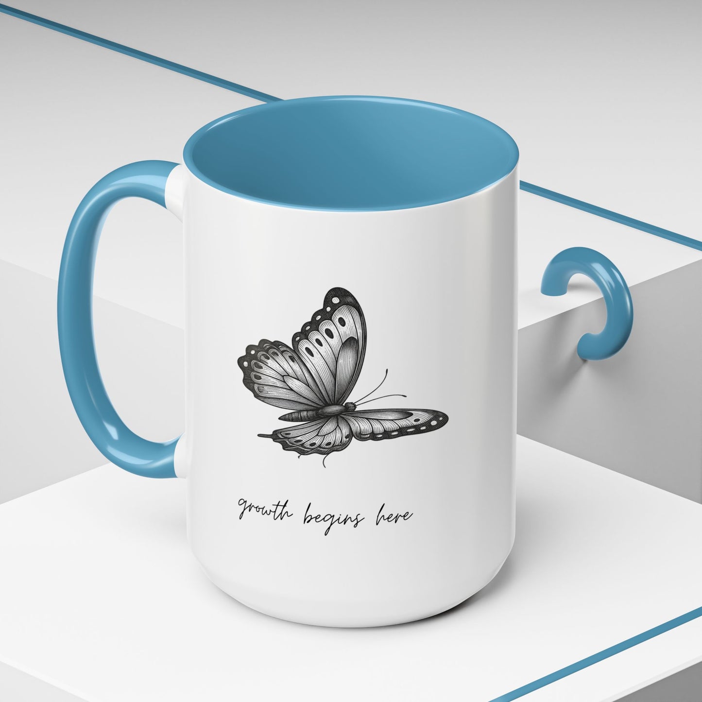 "Growth Begins Here" Coffee Mug — Butterfly Accent Ceramic 11/15oz, Minimal Nature-Inspired Gift