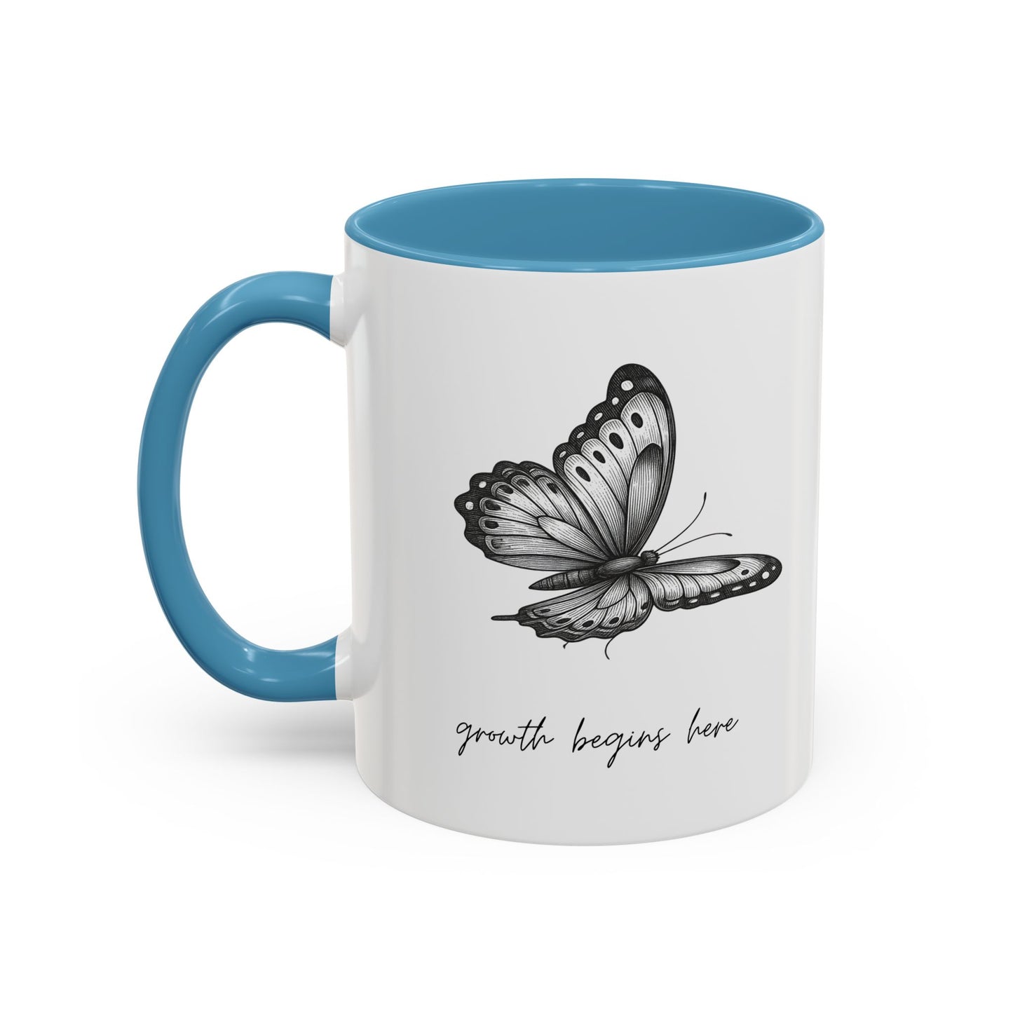 "Growth Begins Here" Coffee Mug — Butterfly Accent Ceramic 11/15oz, Minimal Nature-Inspired Gift