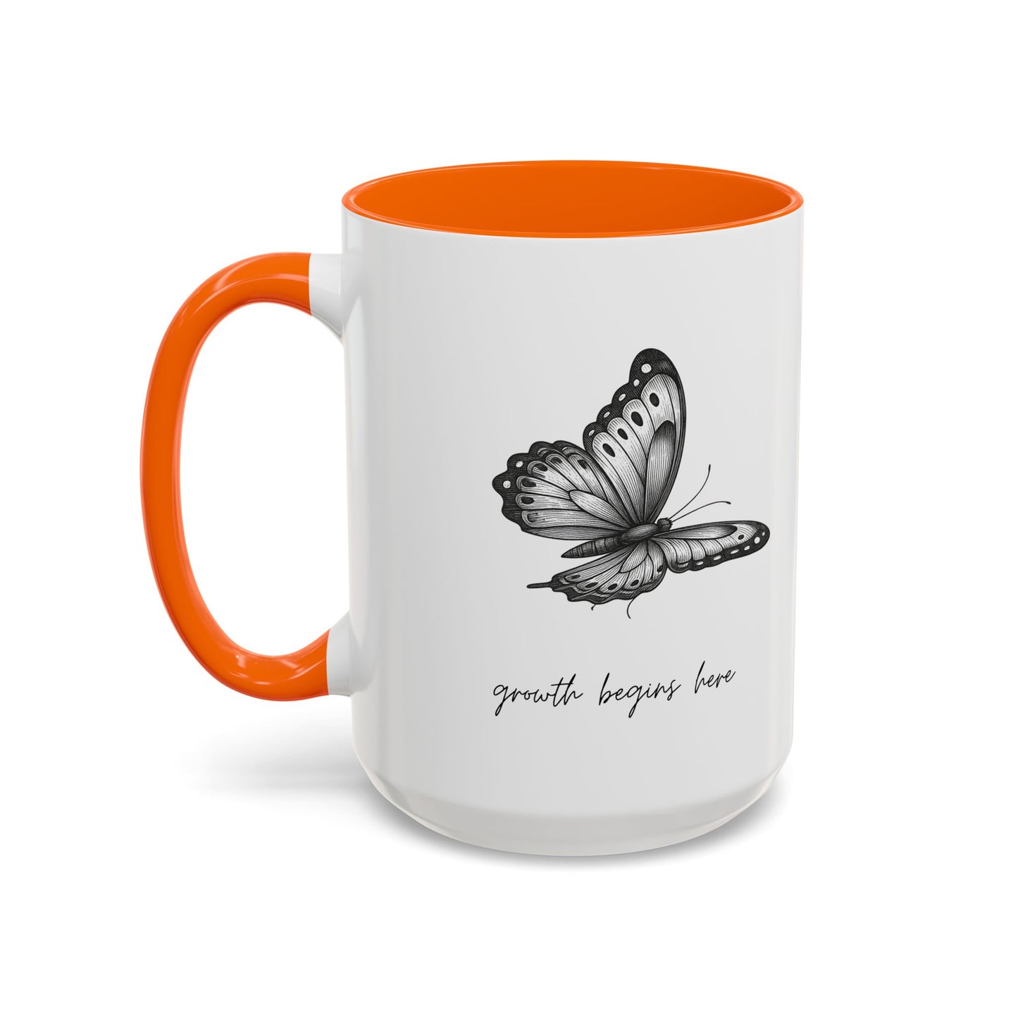 "Growth Begins Here" Coffee Mug — Butterfly Accent Ceramic 11/15oz, Minimal Nature-Inspired Gift