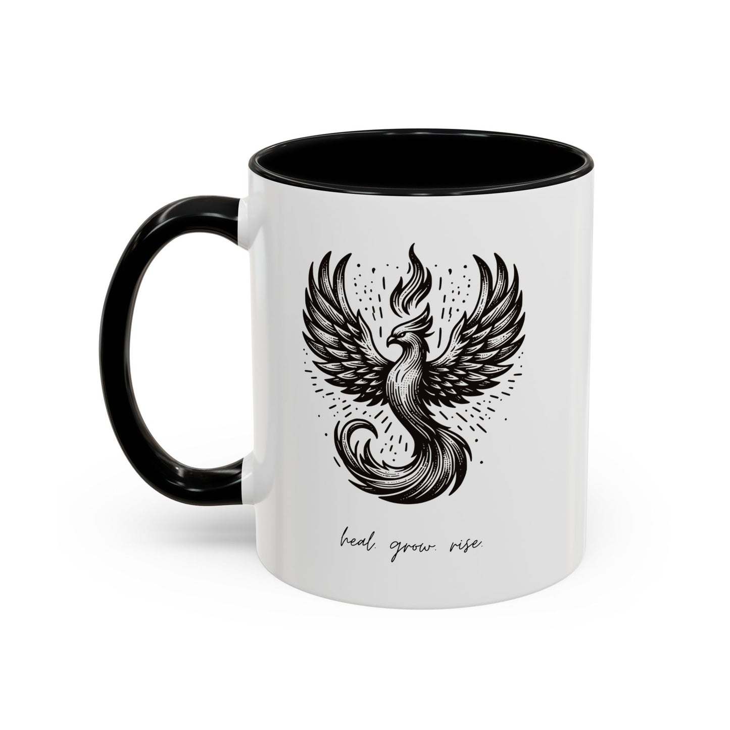 "Heal. Grow. Rise" Black Accent Coffee Mug with Phoenix Design — 11/15oz