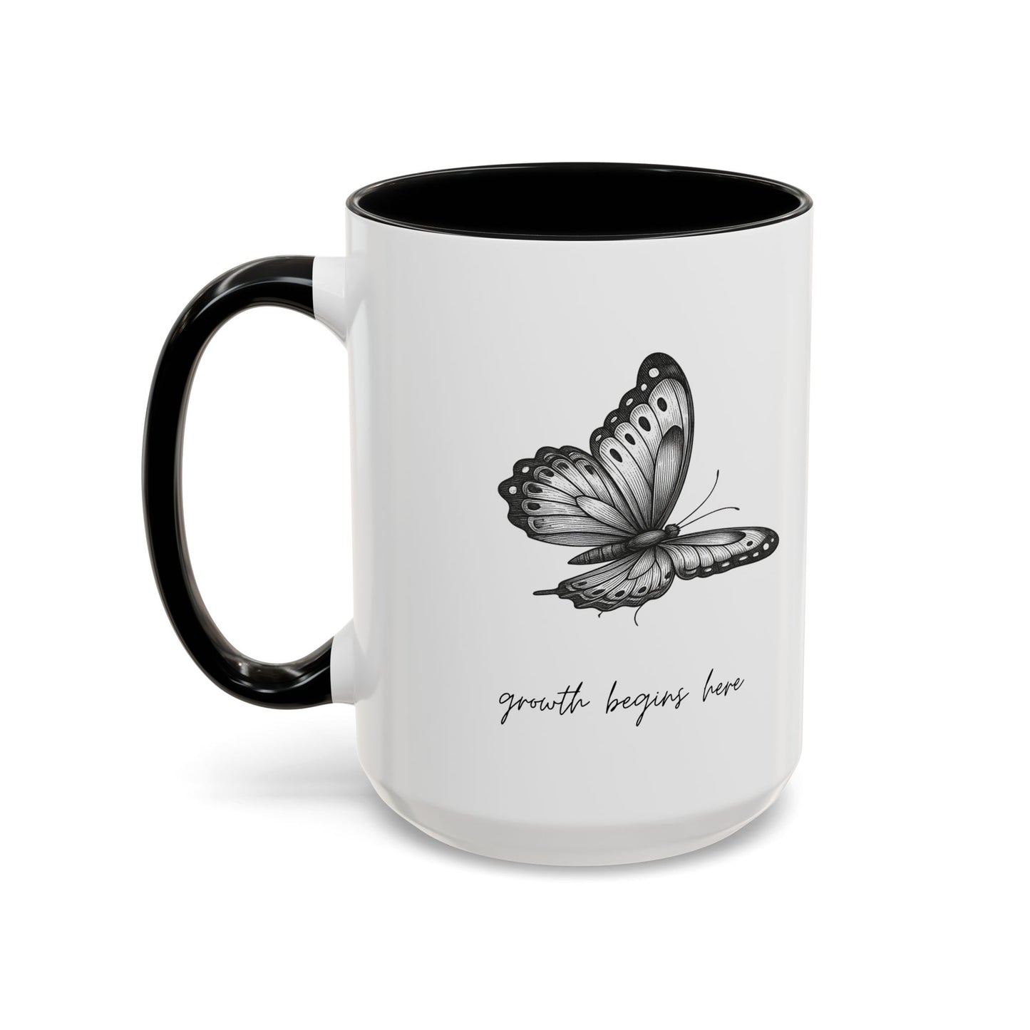 "Growth Begins Here" Coffee Mug — Butterfly Accent Ceramic 11/15oz, Minimal Nature-Inspired Gift