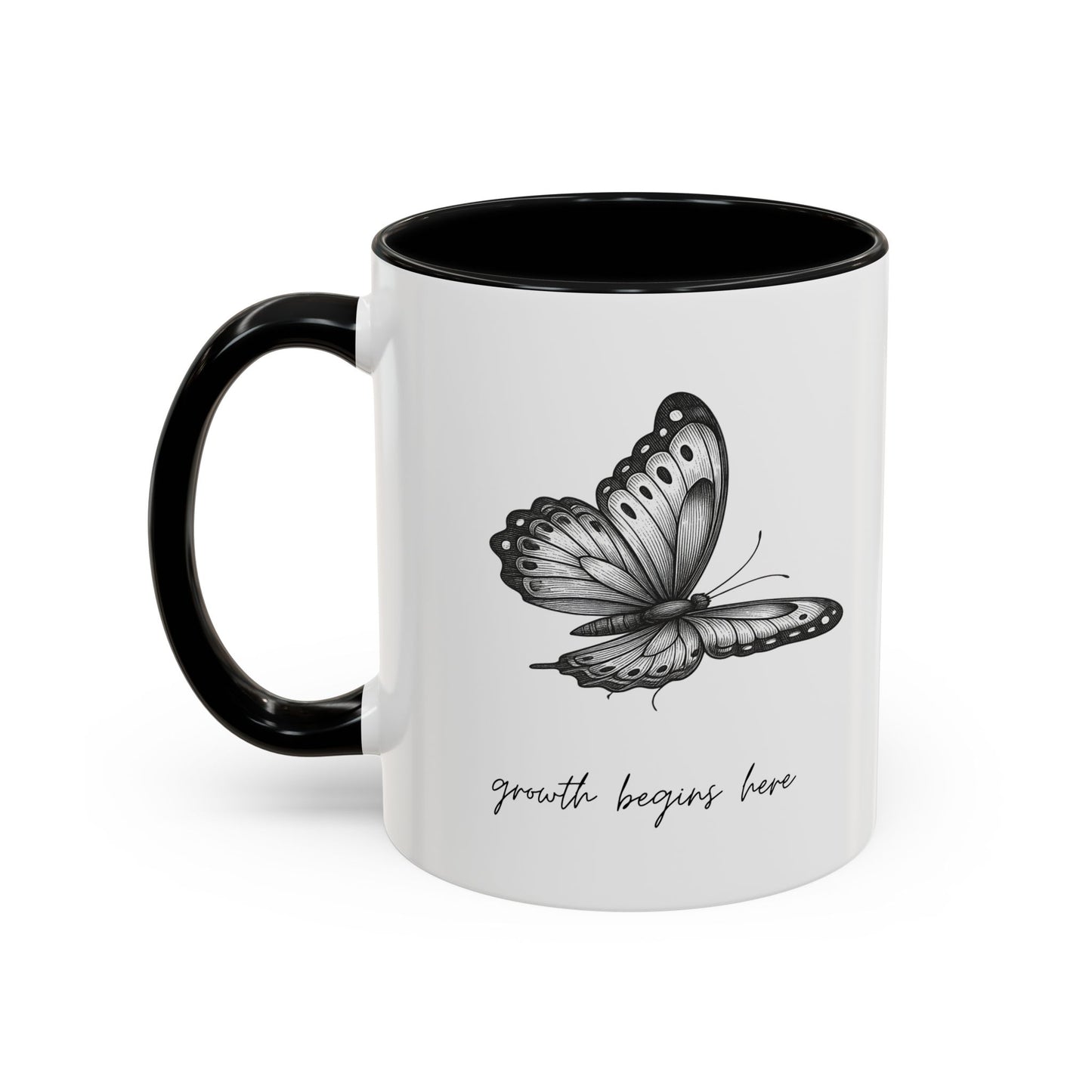 "Growth Begins Here" Coffee Mug — Butterfly Accent Ceramic 11/15oz, Minimal Nature-Inspired Gift