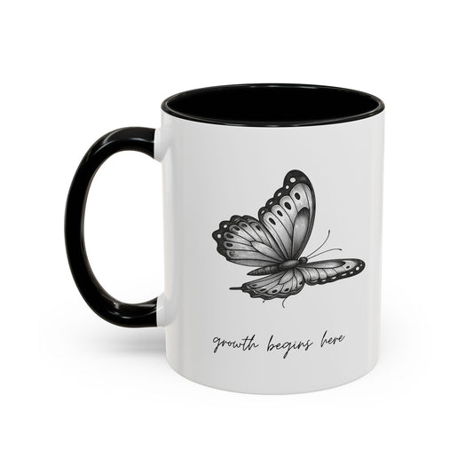 "Growth Begins Here" Coffee Mug — Butterfly Accent Ceramic 11/15oz, Minimal Nature-Inspired Gift