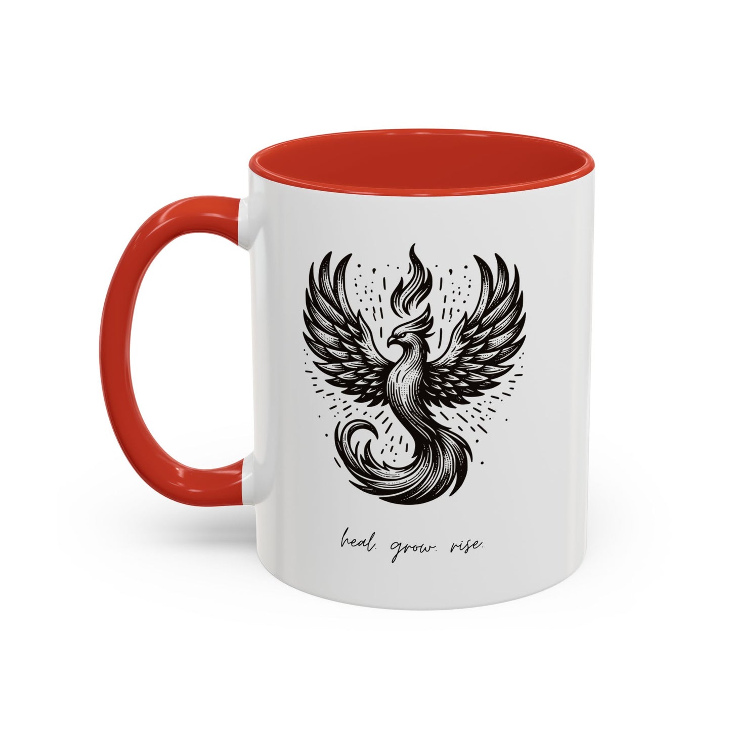 "Heal. Grow. Rise" Black Accent Coffee Mug with Phoenix Design — 11/15oz