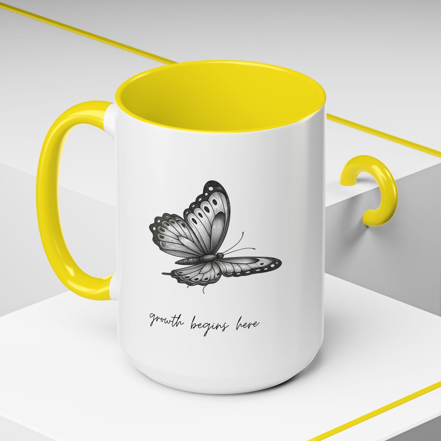 "Growth Begins Here" Coffee Mug — Butterfly Accent Ceramic 11/15oz, Minimal Nature-Inspired Gift