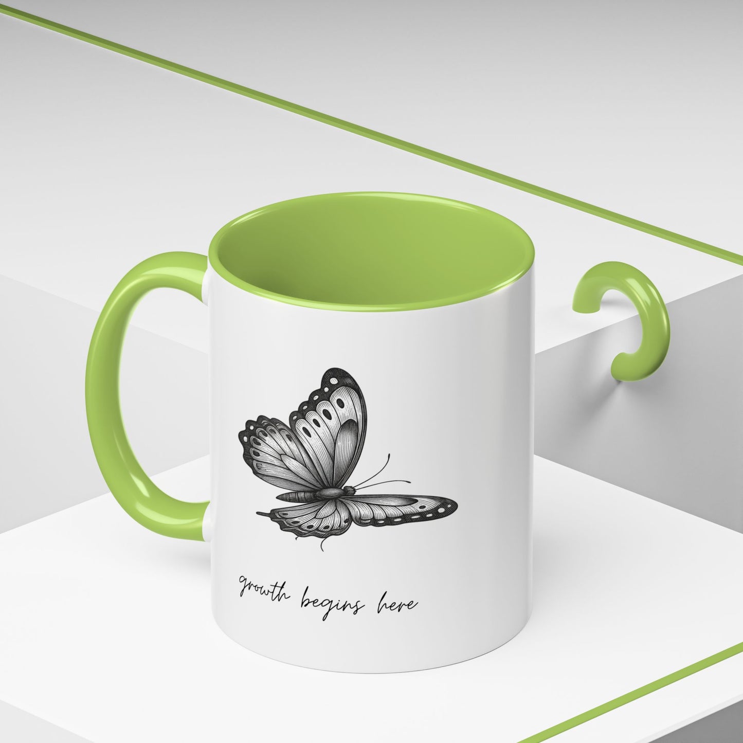 "Growth Begins Here" Coffee Mug — Butterfly Accent Ceramic 11/15oz, Minimal Nature-Inspired Gift