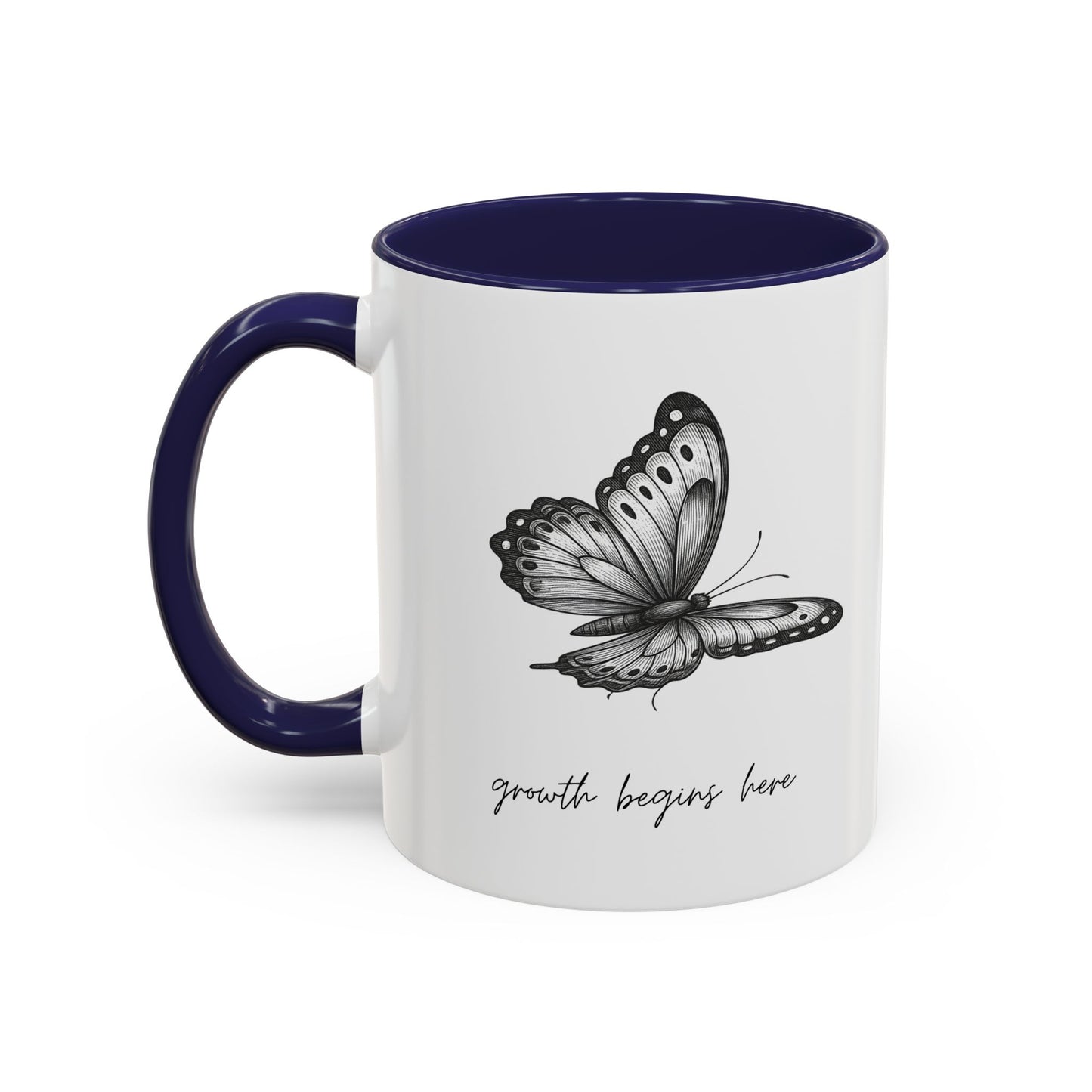 "Growth Begins Here" Coffee Mug — Butterfly Accent Ceramic 11/15oz, Minimal Nature-Inspired Gift
