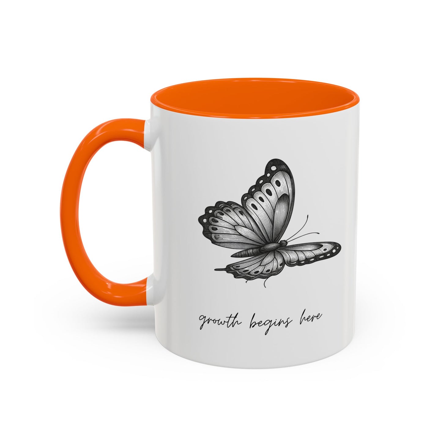 "Growth Begins Here" Coffee Mug — Butterfly Accent Ceramic 11/15oz, Minimal Nature-Inspired Gift