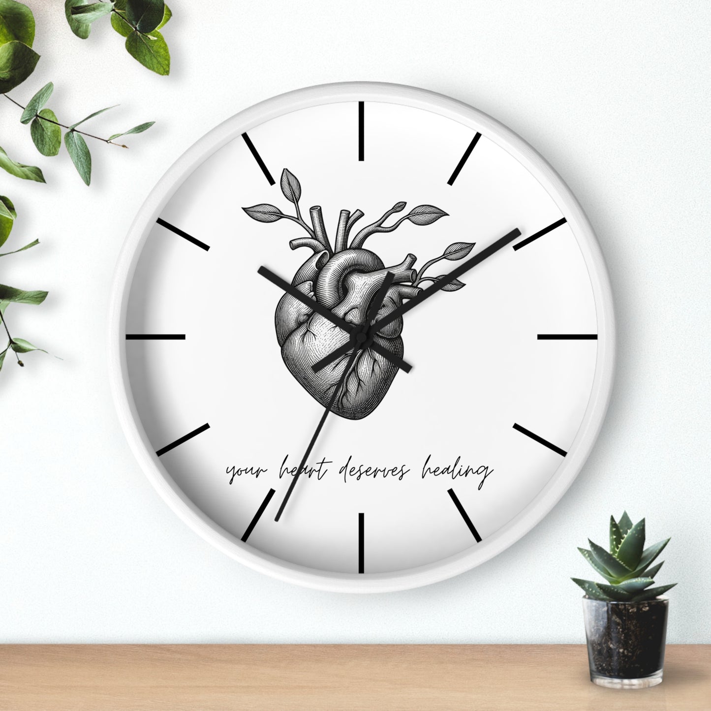 Healing Heart Wall Clock — Botanical Anatomical Clock with “your heart deserves healing” Quote
