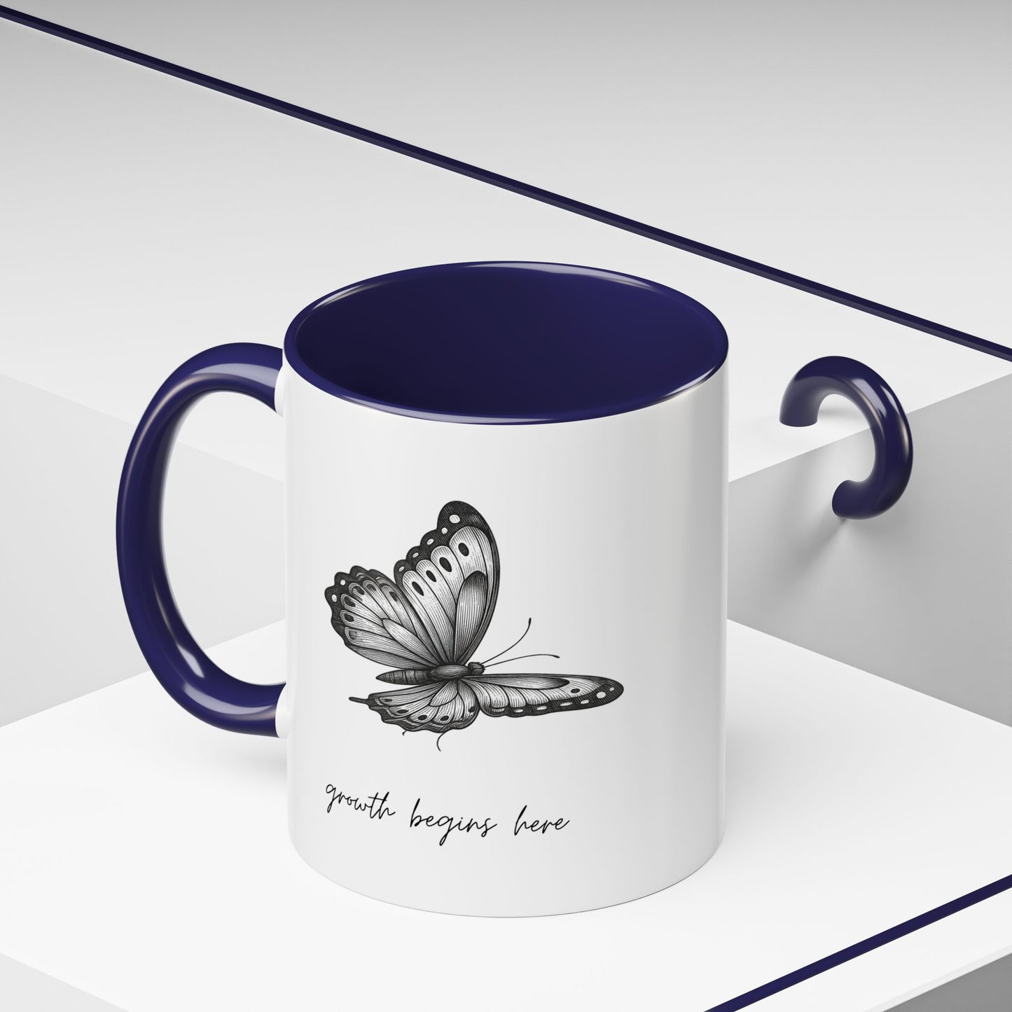 "Growth Begins Here" Coffee Mug — Butterfly Accent Ceramic 11/15oz, Minimal Nature-Inspired Gift