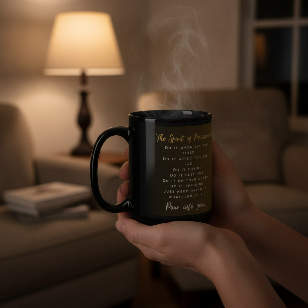 The Spirit of Perseverance - Pour Into You | Motivational Black Coffee Mug (Gold Edition)