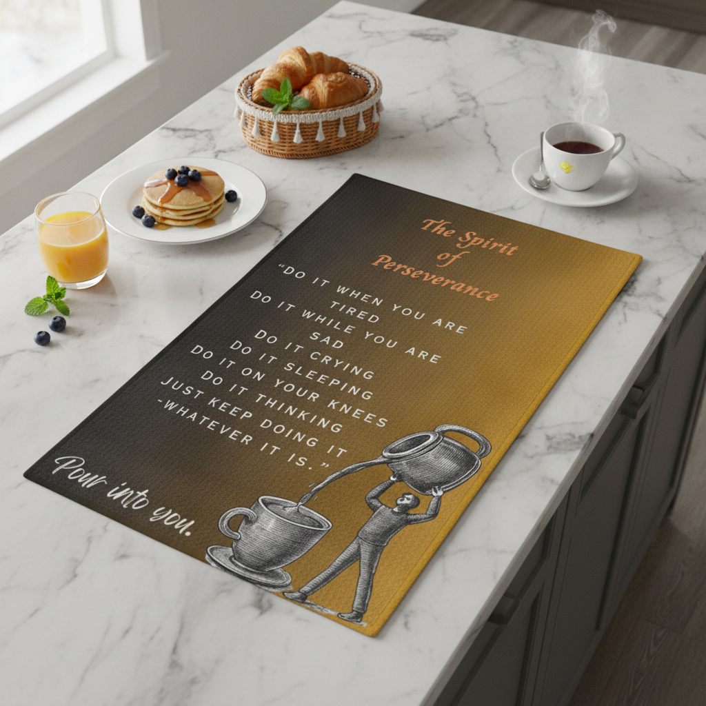 “The Spirit of Perseverance” Microfiber Tea Towel — Inspirational Kitchen Towel with Motivational Quote (Pour Into You)