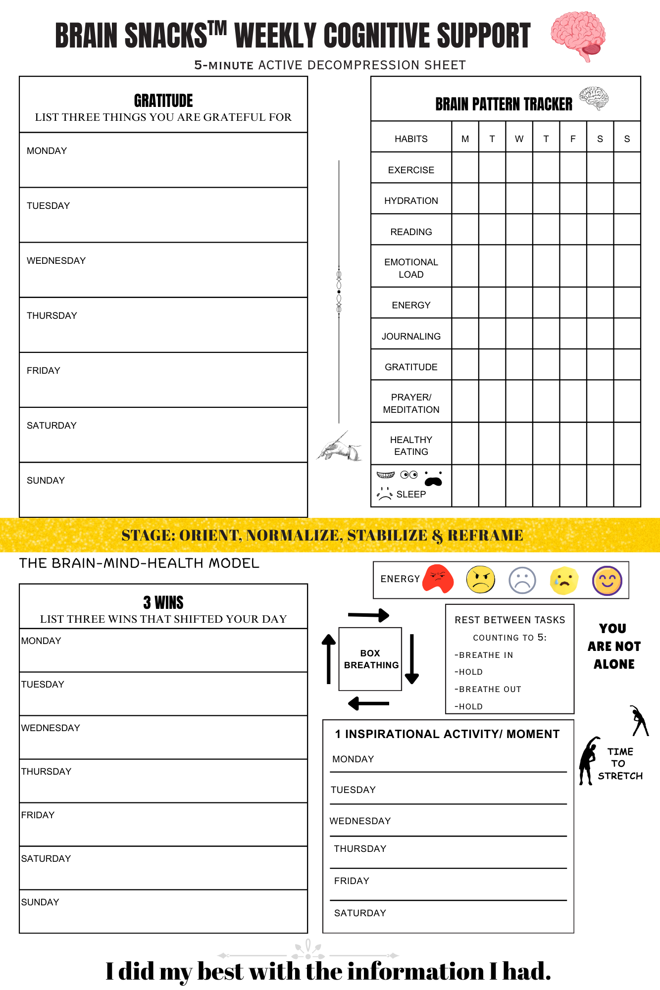 BRAIN SNACKS Weekly Cognitive Support Sheet | 5-Minute Active Decompression Sheet